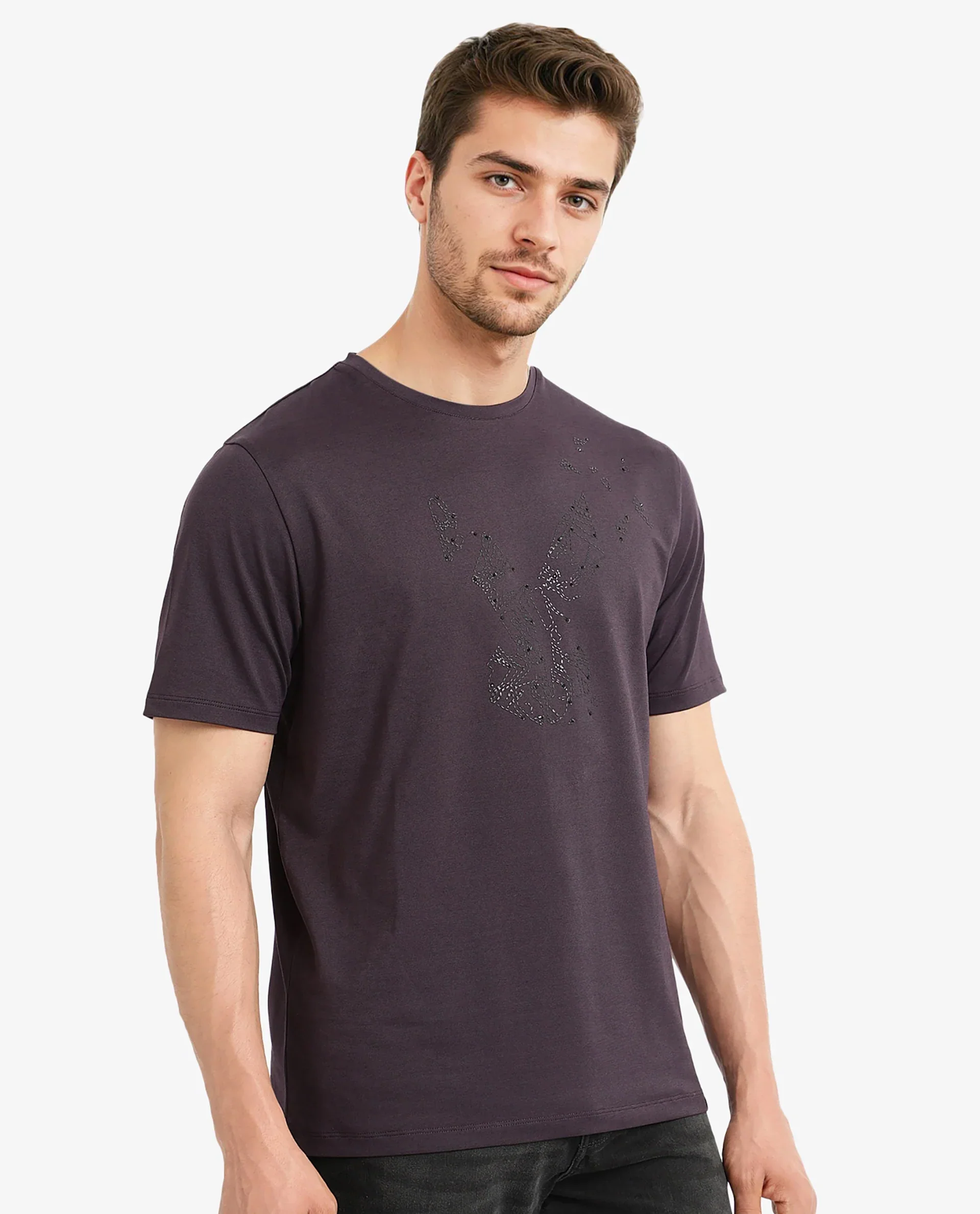 Rare Rabbit Men's Emon Dark Purple Cotton Graphic Print Regular Fit Half Sleeve Crew Neck T-Shirt - Image 8