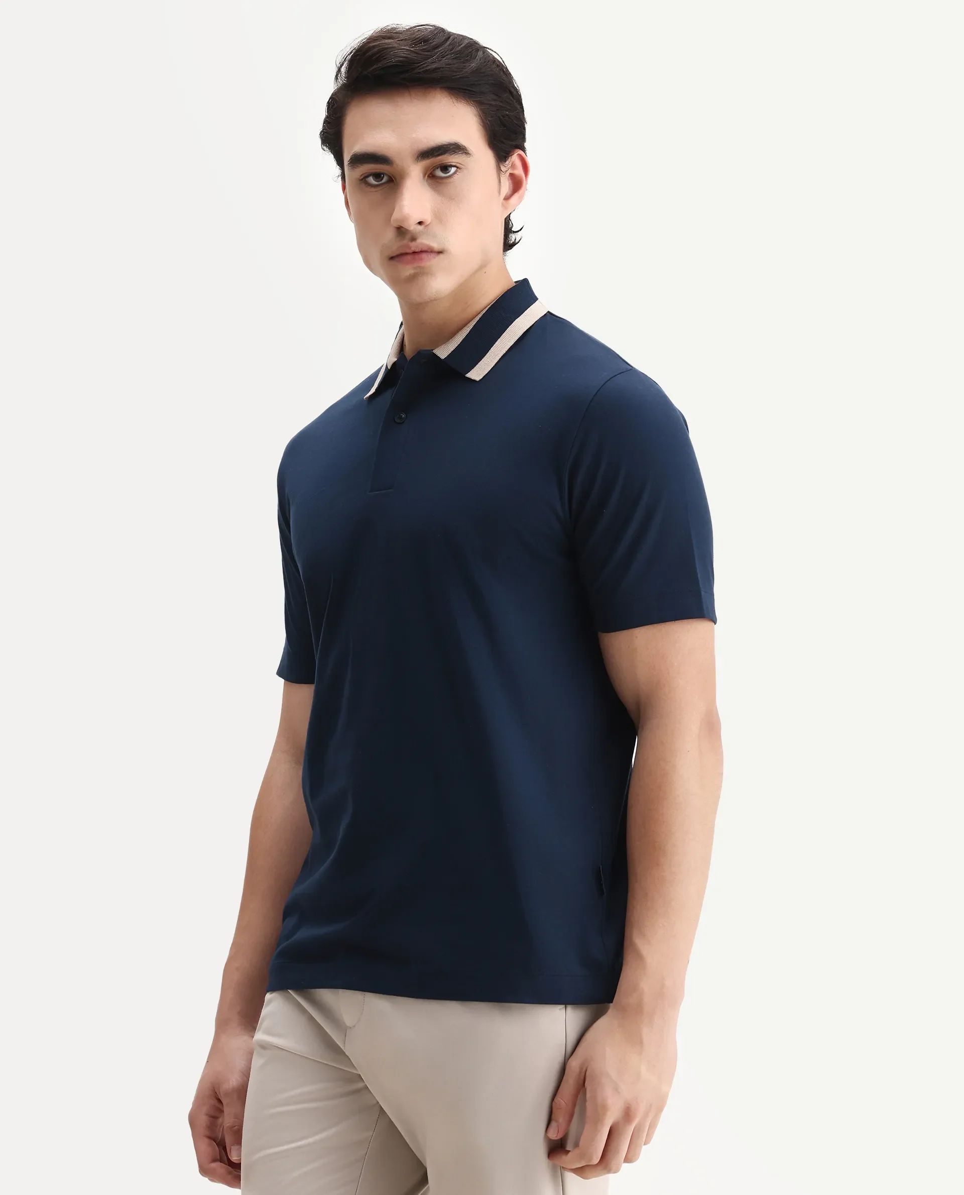 Rare Rabbit Men's Emor Dark Navy Cotton Fabric Half Sleeve Spread Collar Plain Polo - Image 4
