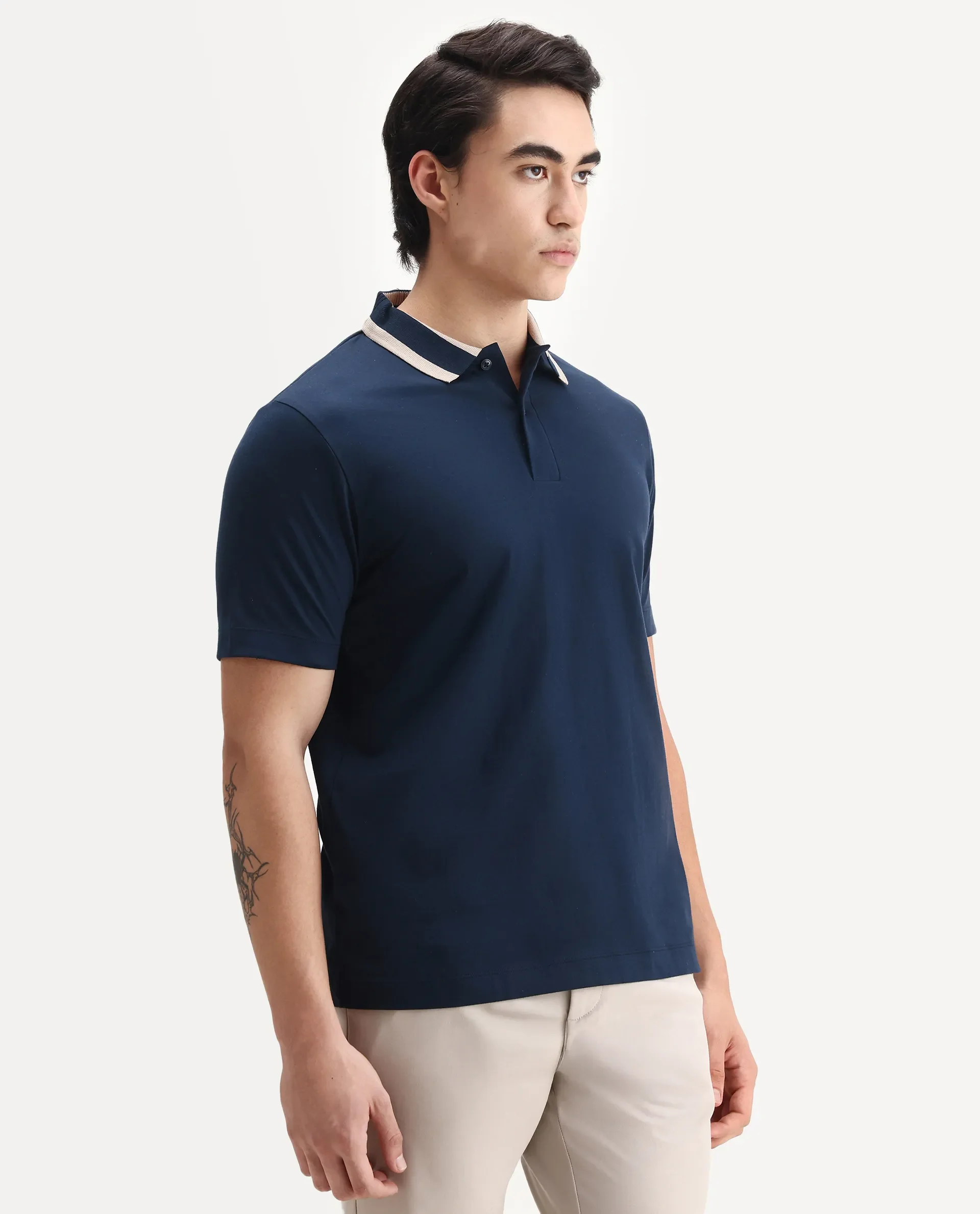 Rare Rabbit Men's Emor Dark Navy Cotton Fabric Half Sleeve Spread Collar Plain Polo - Image 5