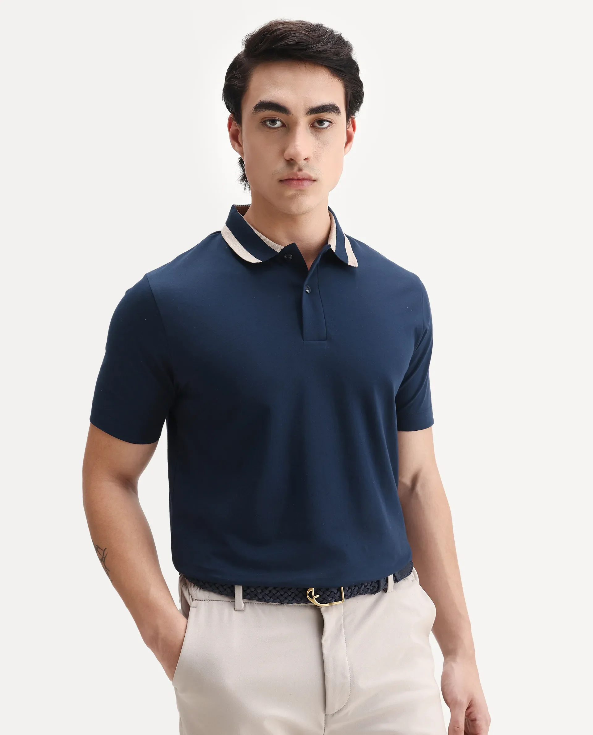 Rare Rabbit Men's Emor Dark Navy Cotton Fabric Half Sleeve Spread Collar Plain Polo - Image 6