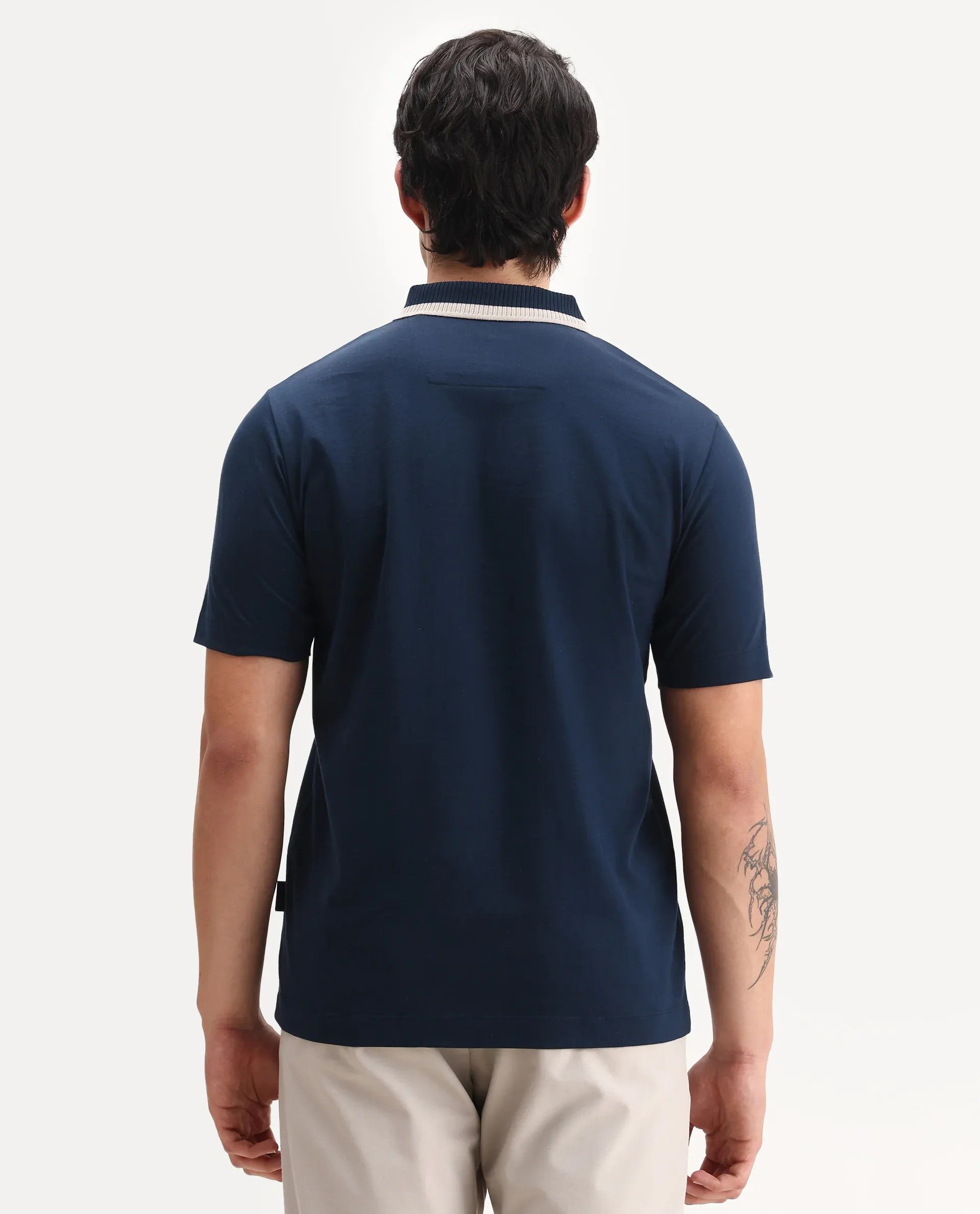 Rare Rabbit Men's Emor Dark Navy Cotton Fabric Half Sleeve Spread Collar Plain Polo - Image 7