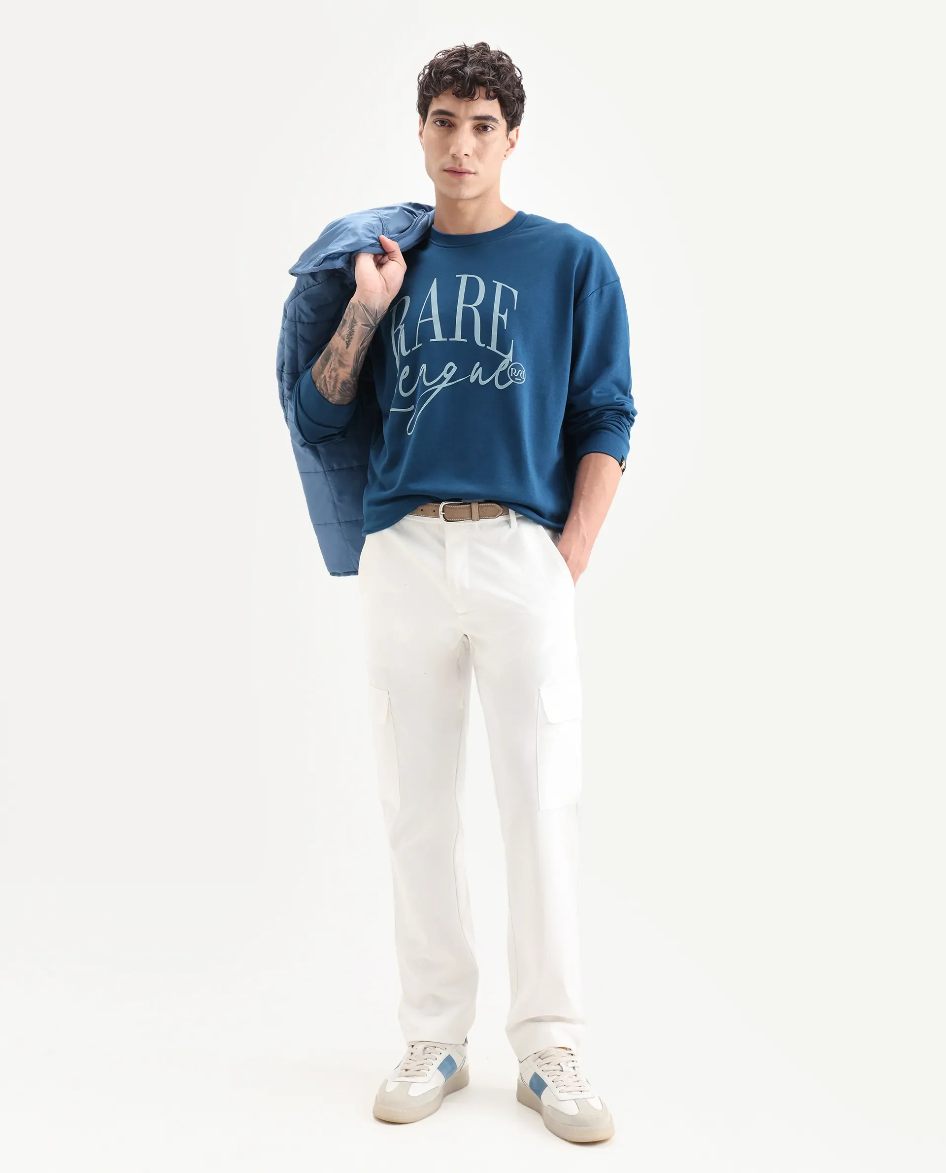 Rare Rabbit Men's Emro Dark Blue Cotton Graphic Print Oversized Fit Full Sleeve Crew Neck Sweatshirt - Image 2