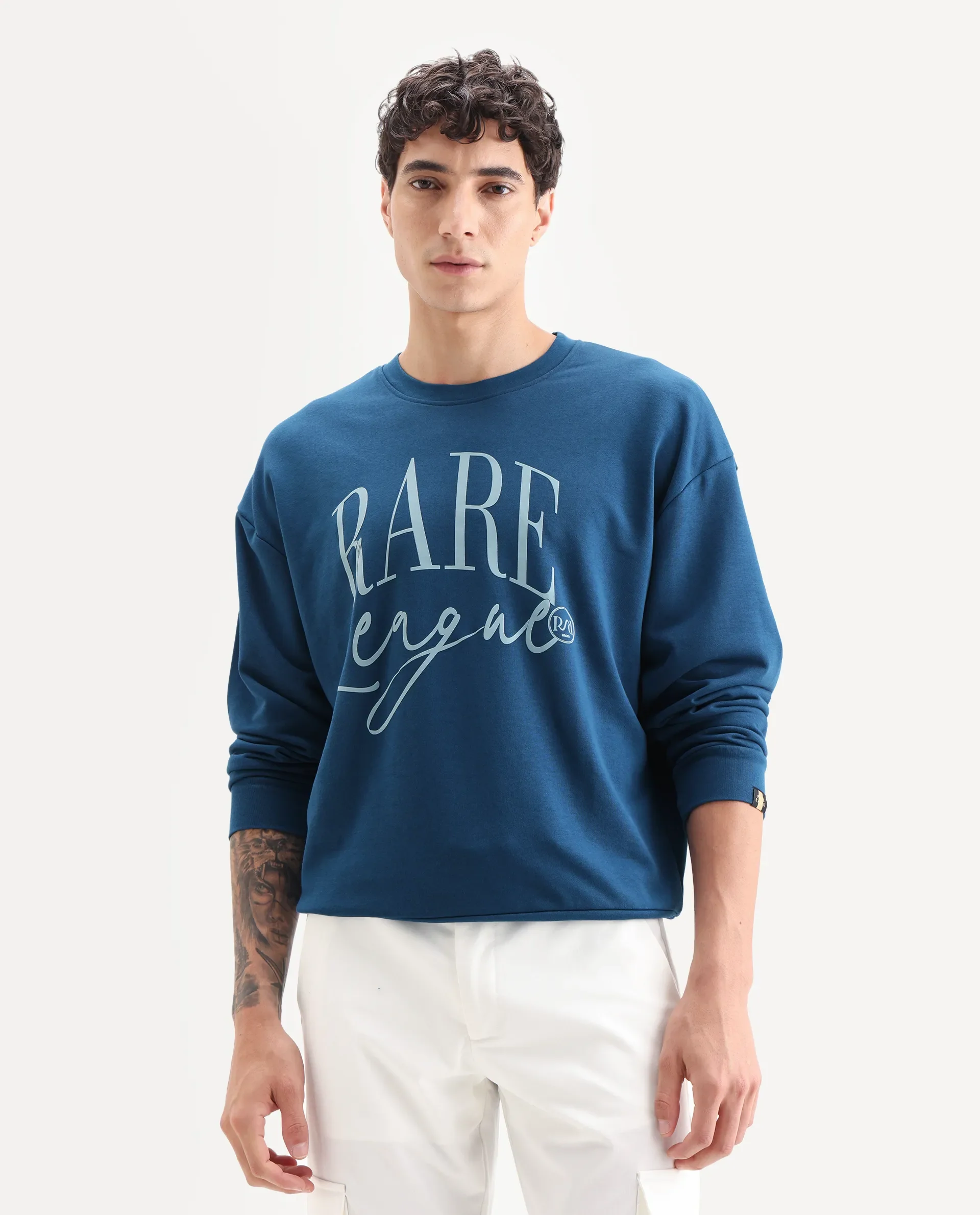 Rare Rabbit Men's Emro Dark Blue Cotton Graphic Print Oversized Fit Full Sleeve Crew Neck Sweatshirt - Image 4