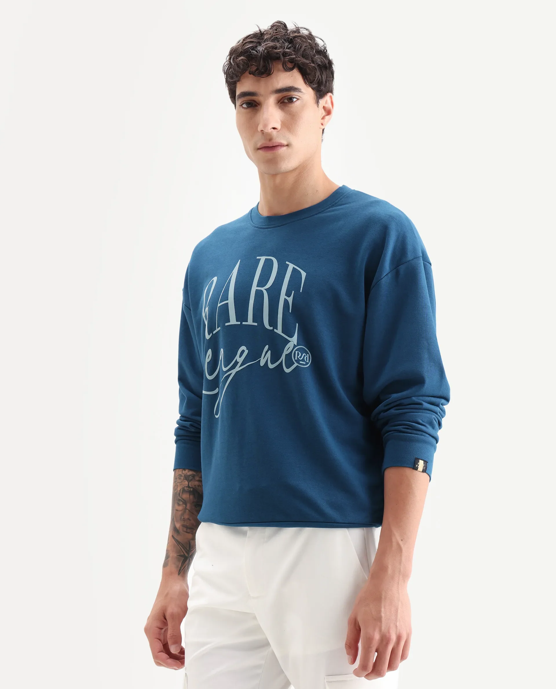 Rare Rabbit Men's Emro Dark Blue Cotton Graphic Print Oversized Fit Full Sleeve Crew Neck Sweatshirt - Image 5
