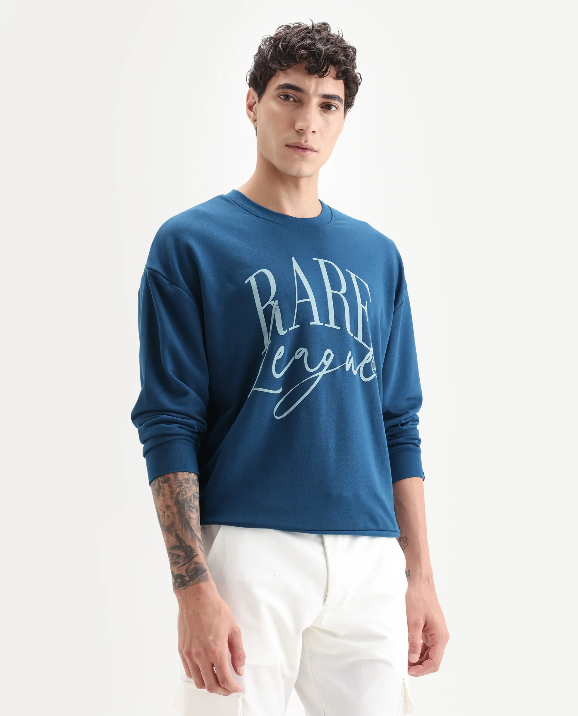 Rare Rabbit Men's Emro Dark Blue Cotton Graphic Print Oversized Fit Full Sleeve Crew Neck Sweatshirt - Image 6