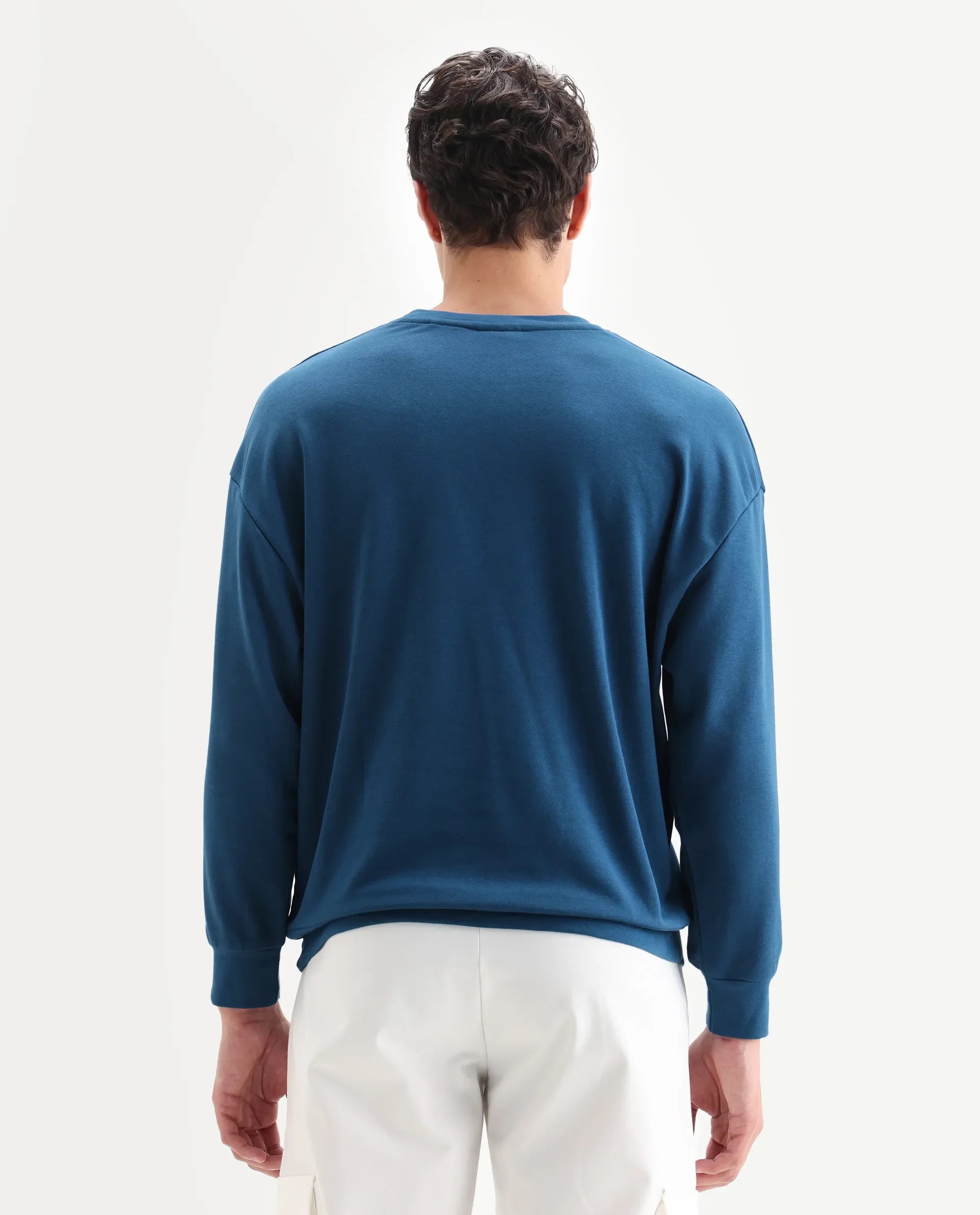 Rare Rabbit Men's Emro Dark Blue Cotton Graphic Print Oversized Fit Full Sleeve Crew Neck Sweatshirt - Image 7