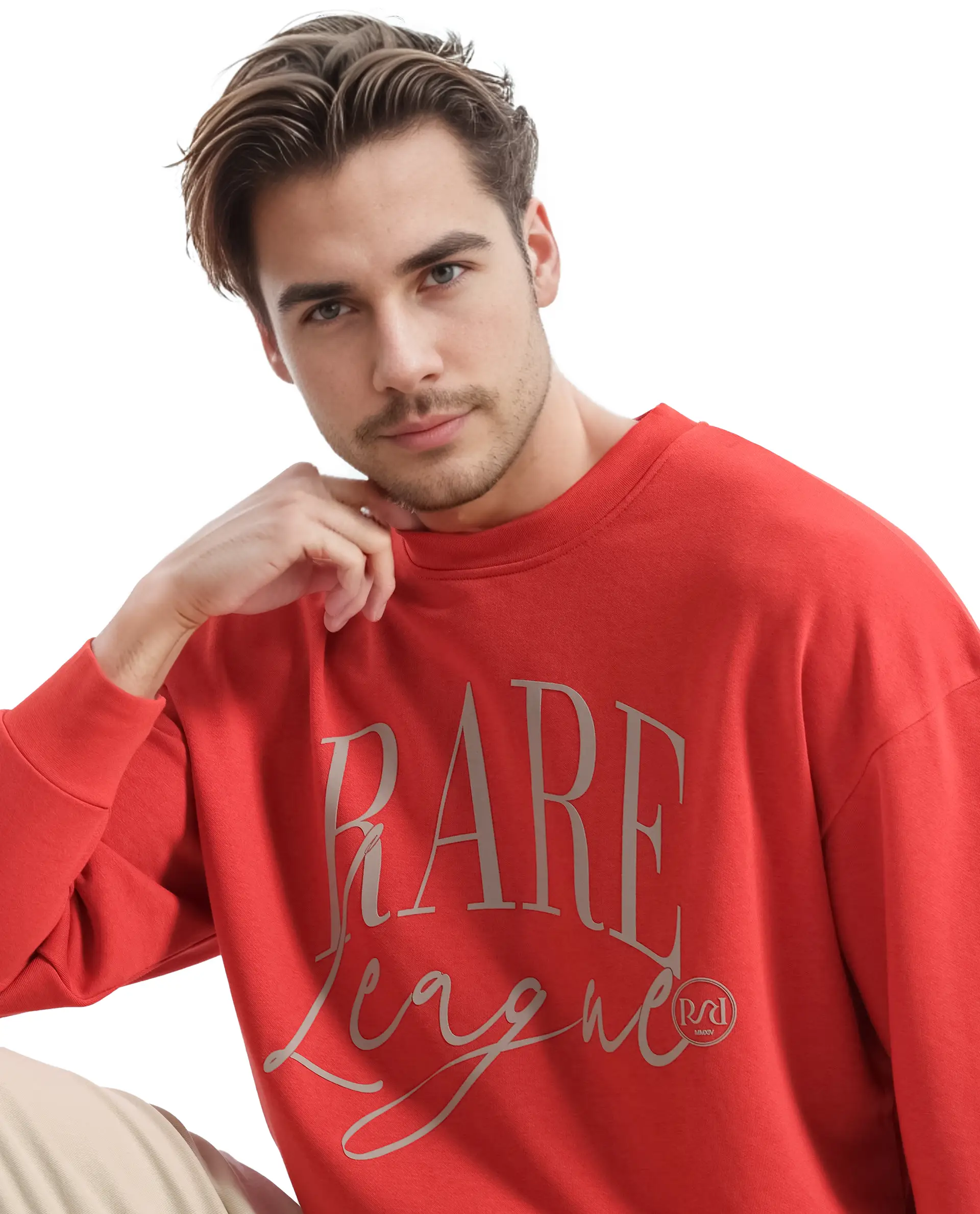 Rare Rabbit Men's Emro Orange Cotton Blend Printed Oversized Fit Full Sleeve Crew Neck Sweatshirt - Image 2
