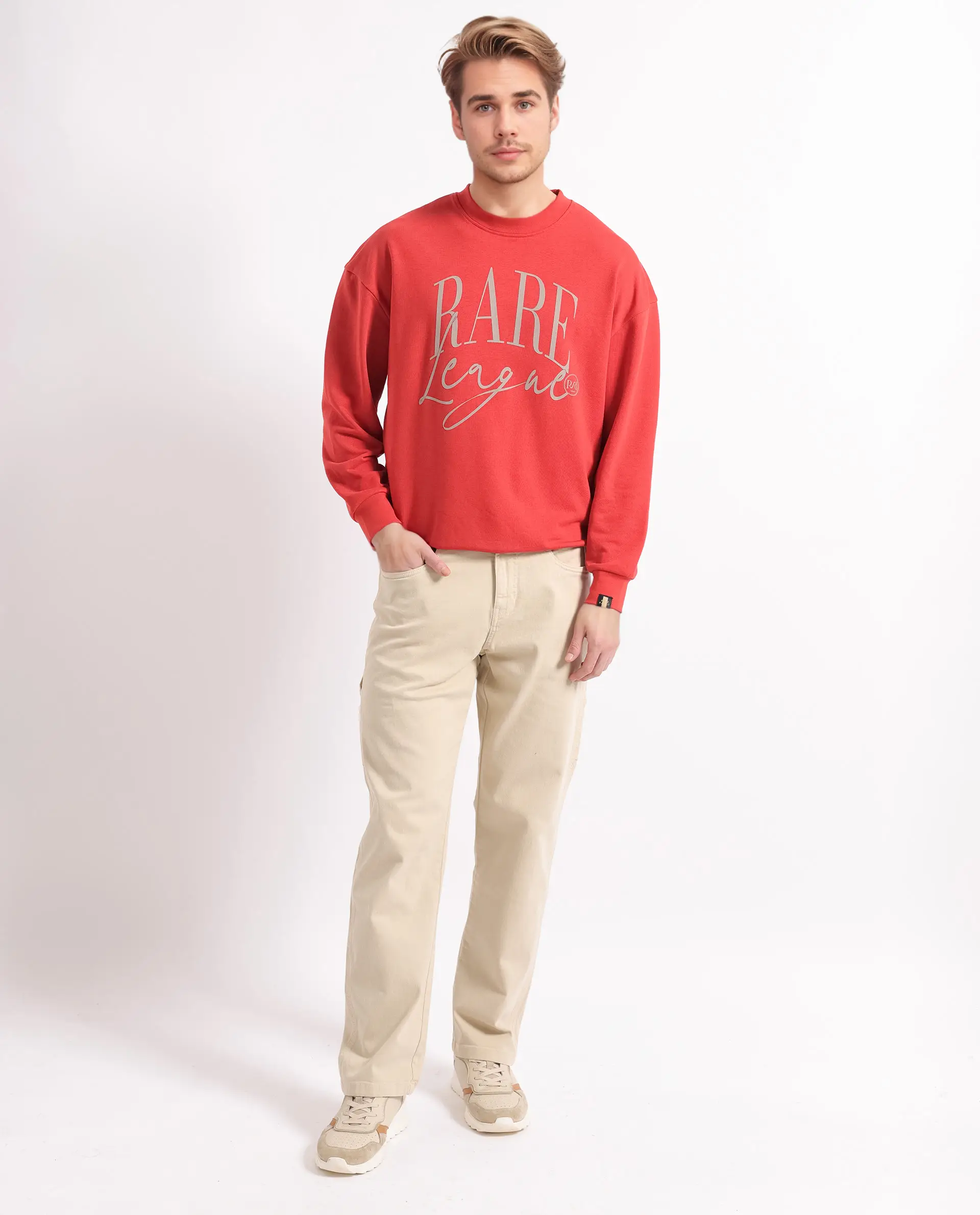 Rare Rabbit Men's Emro Orange Cotton Blend Printed Oversized Fit Full Sleeve Crew Neck Sweatshirt - Image 3