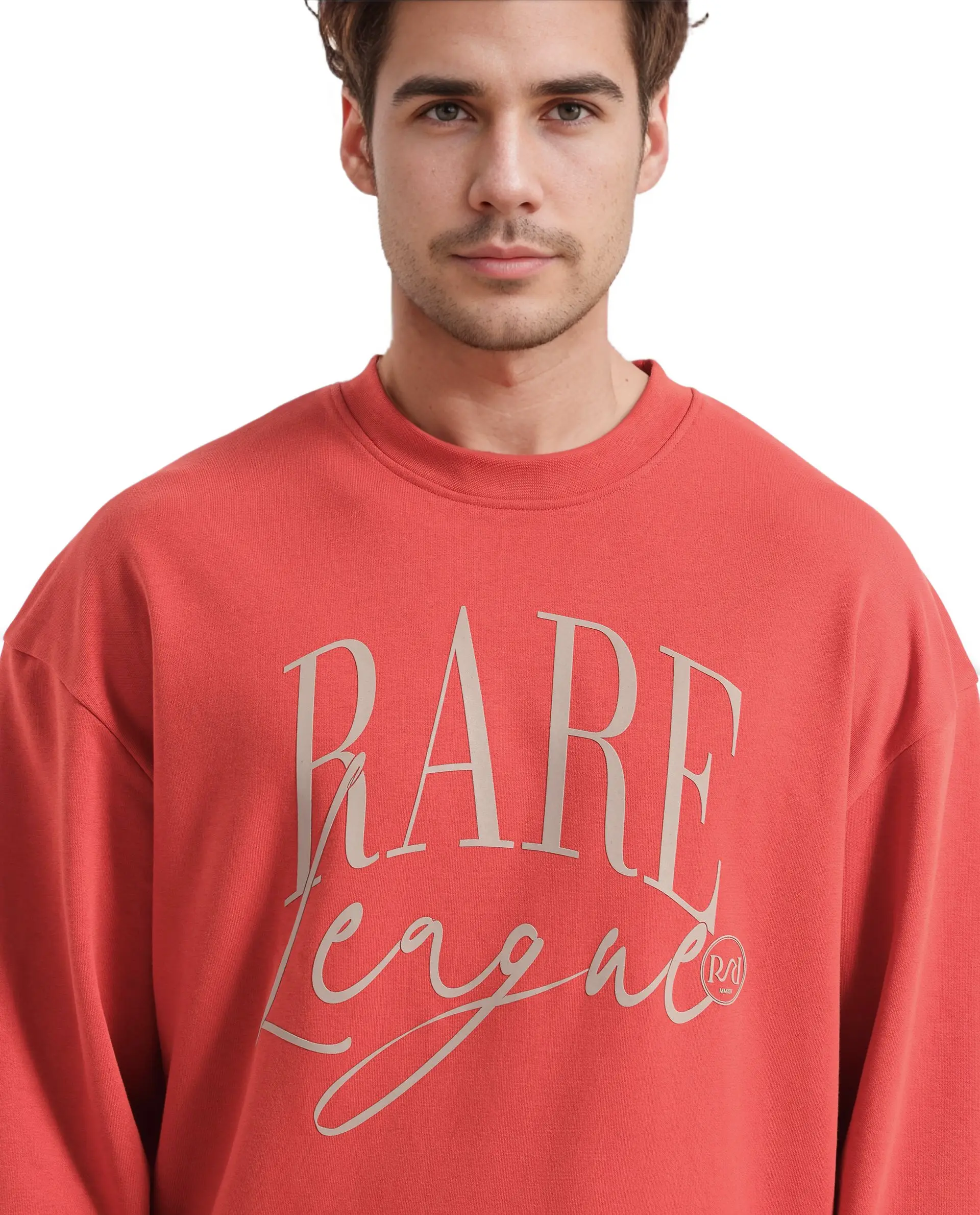 Rare Rabbit Men's Emro Orange Cotton Blend Printed Oversized Fit Full Sleeve Crew Neck Sweatshirt - Image 4