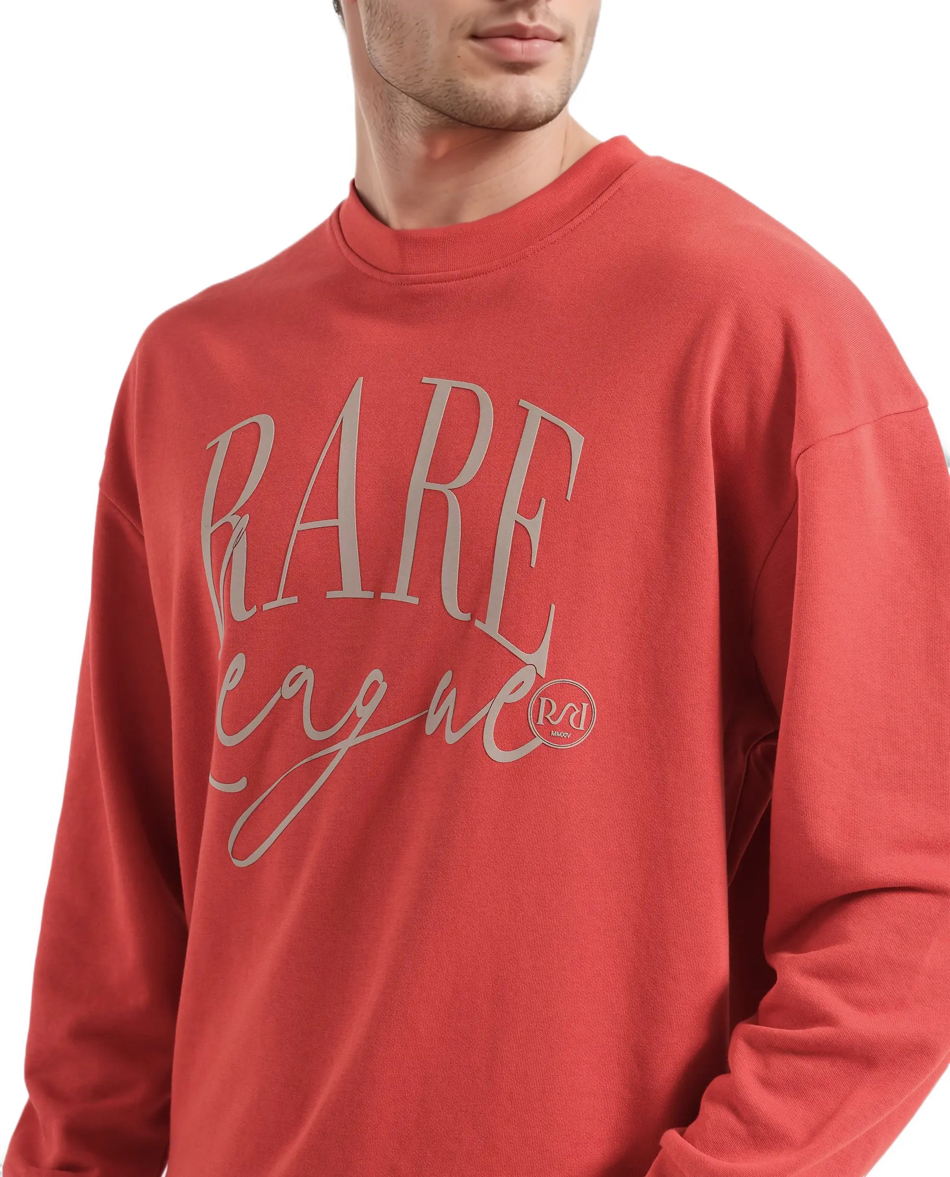 Rare Rabbit Men's Emro Orange Cotton Blend Printed Oversized Fit Full Sleeve Crew Neck Sweatshirt - Image 5