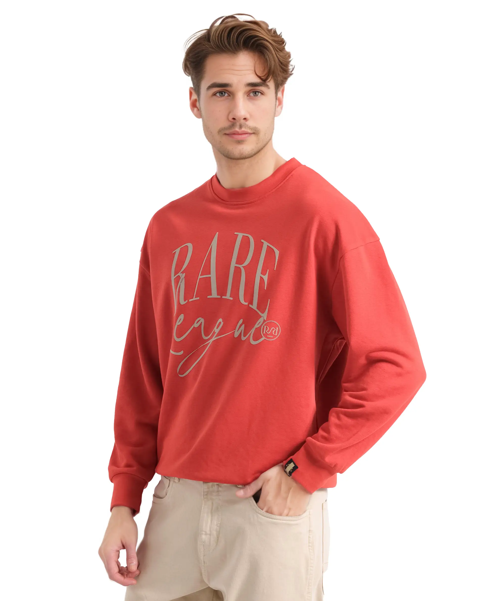 Rare Rabbit Men's Emro Orange Cotton Blend Printed Oversized Fit Full Sleeve Crew Neck Sweatshirt - Image 6