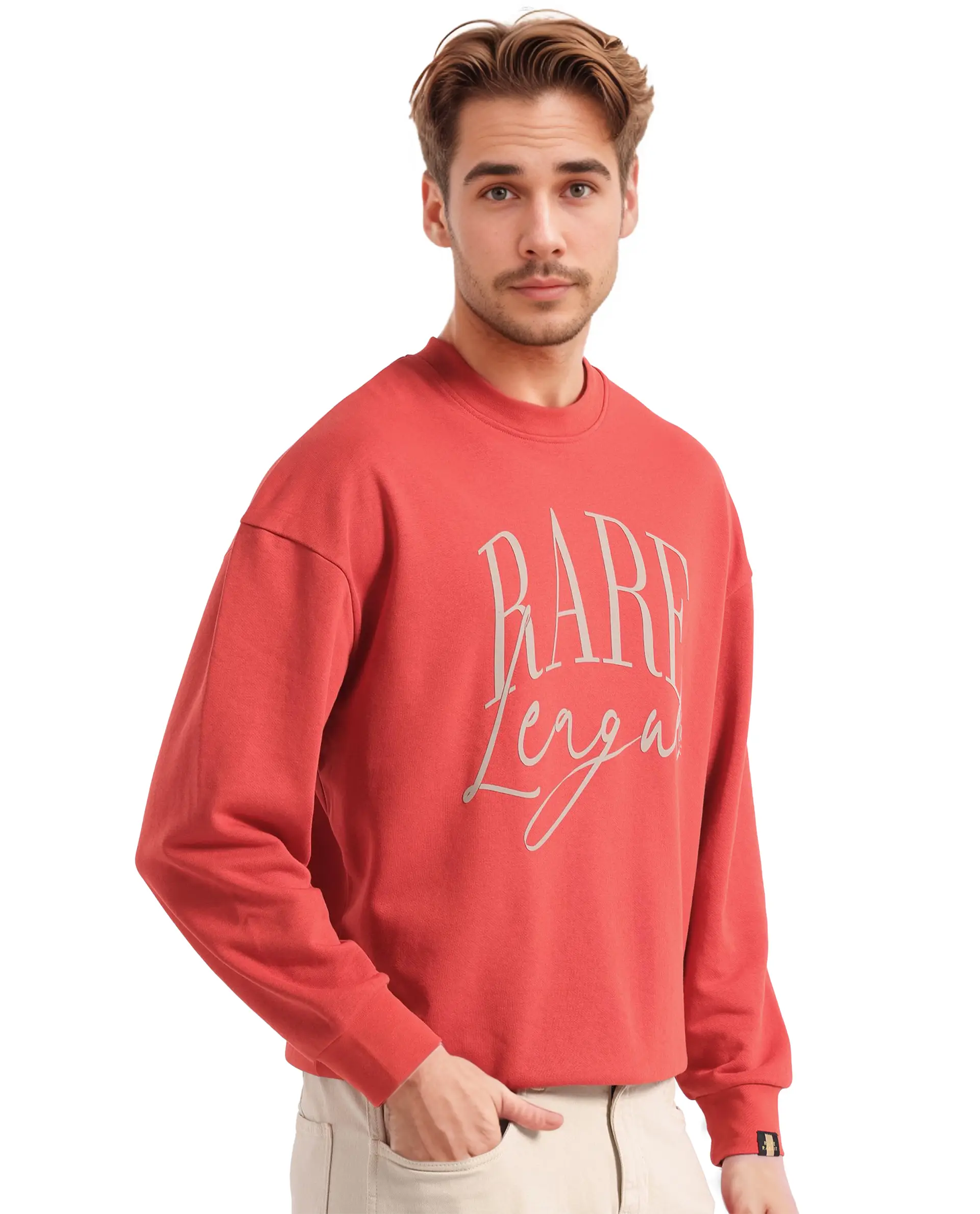 Rare Rabbit Men's Emro Orange Cotton Blend Printed Oversized Fit Full Sleeve Crew Neck Sweatshirt - Image 7