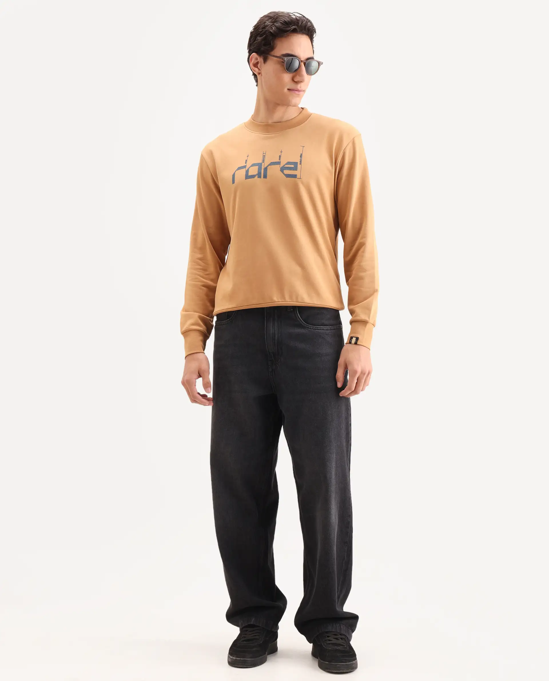 Rare Rabbit Men's Emry Mustard Cotton Blend Graphic Print Regular Fit Full Sleeve Crew Neck Sweatshirt - Image 2