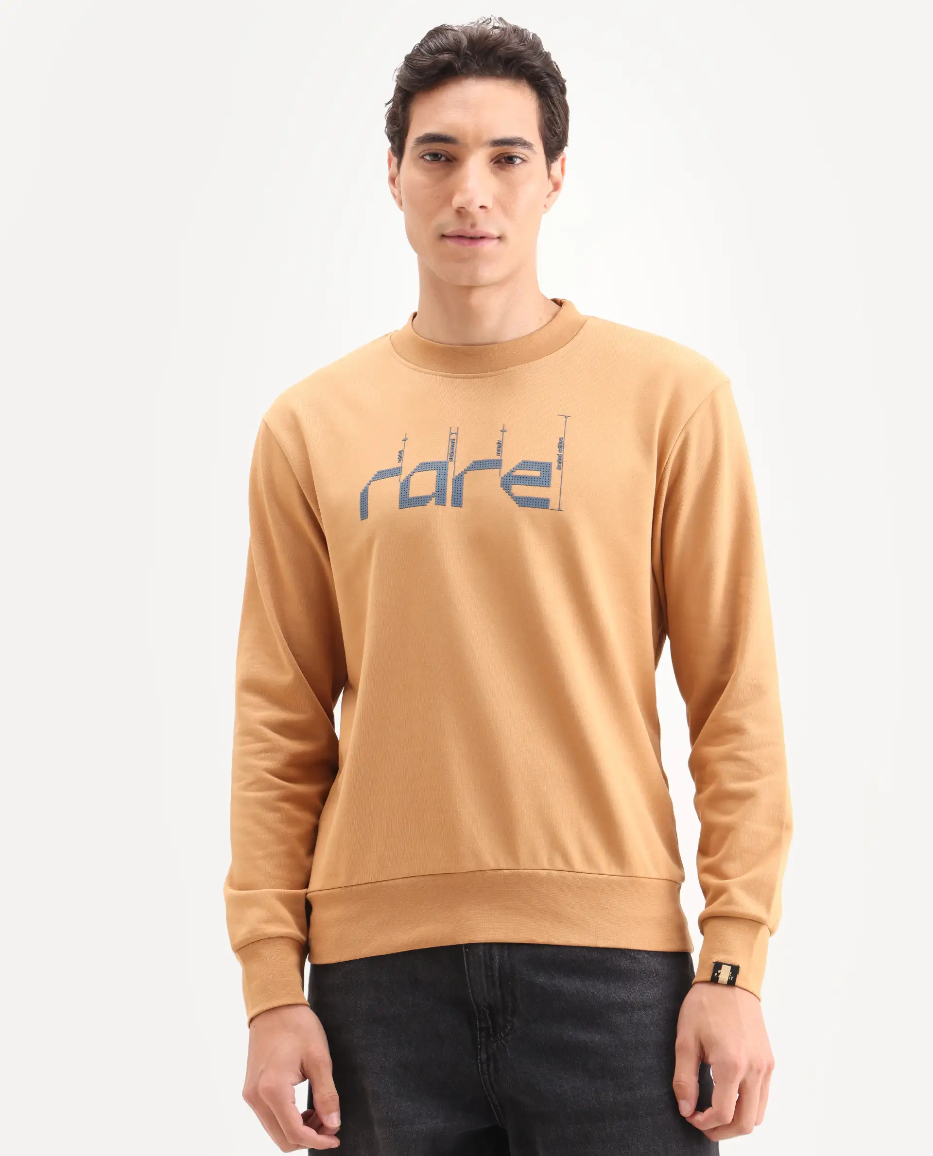 Rare Rabbit Men's Emry Mustard Cotton Blend Graphic Print Regular Fit Full Sleeve Crew Neck Sweatshirt - Image 3