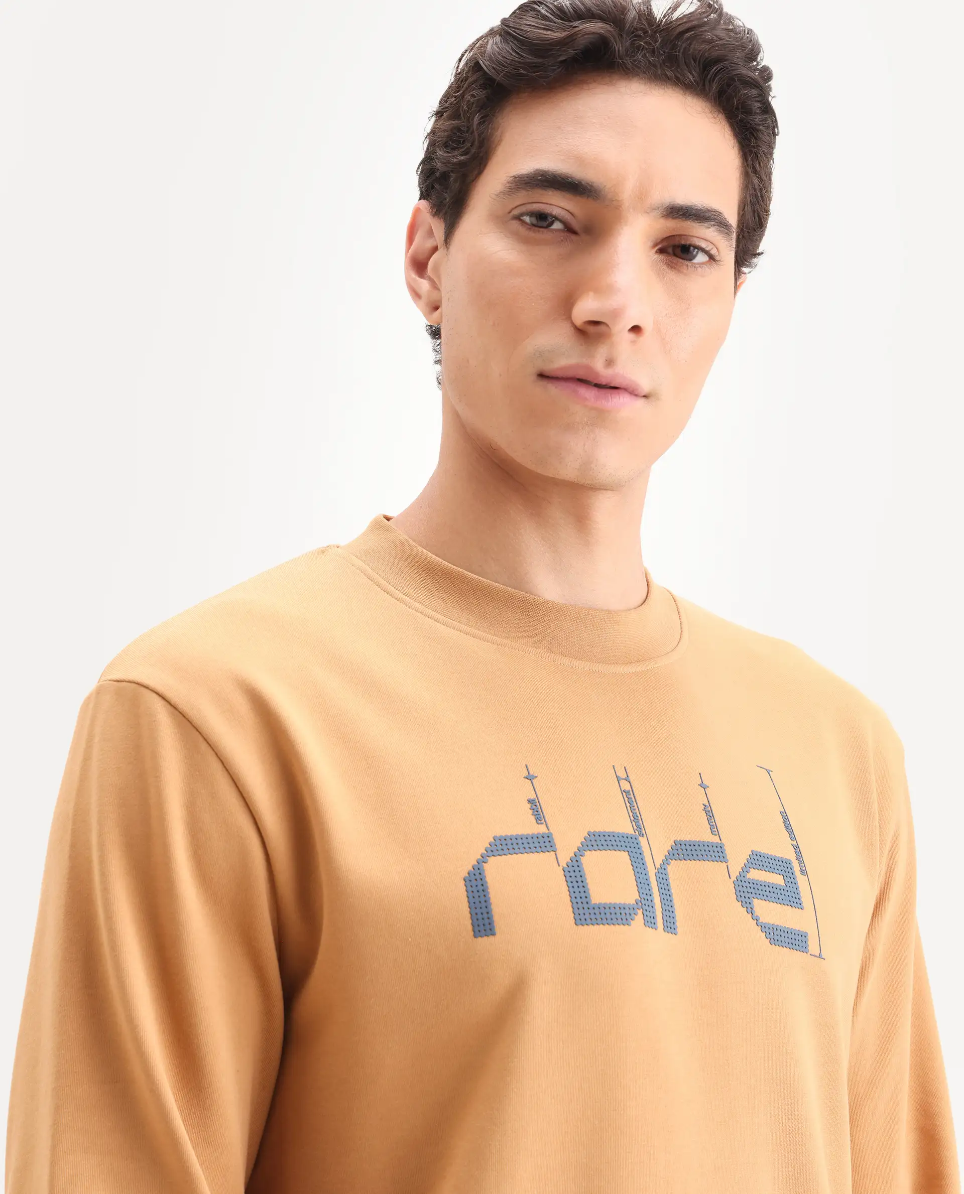 Rare Rabbit Men's Emry Mustard Cotton Blend Graphic Print Regular Fit Full Sleeve Crew Neck Sweatshirt - Image 4