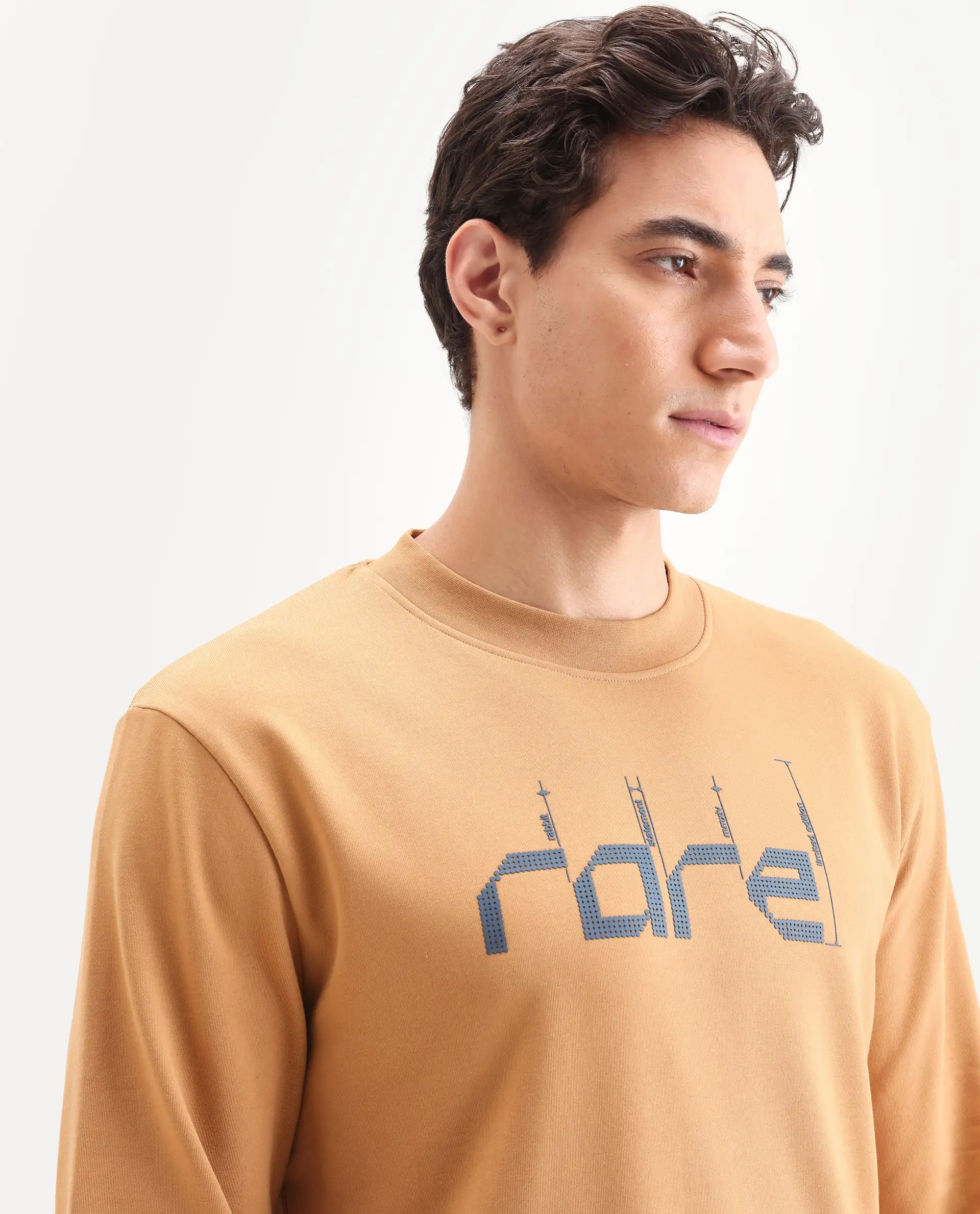 Rare Rabbit Men's Emry Mustard Cotton Blend Graphic Print Regular Fit Full Sleeve Crew Neck Sweatshirt - Image 5
