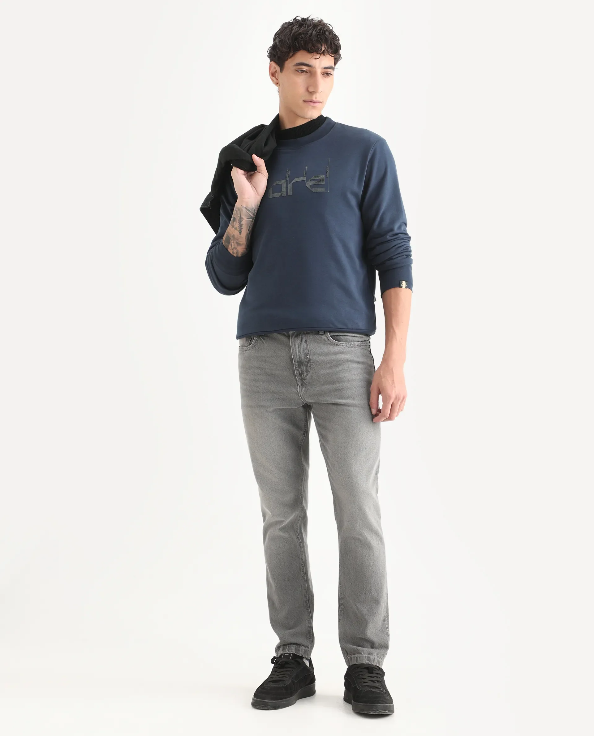Rare Rabbit Men's Emry Navy Cotton Blend Graphic Print Regular Fit Full Sleeve Crew Neck Sweatshirt - Image 2