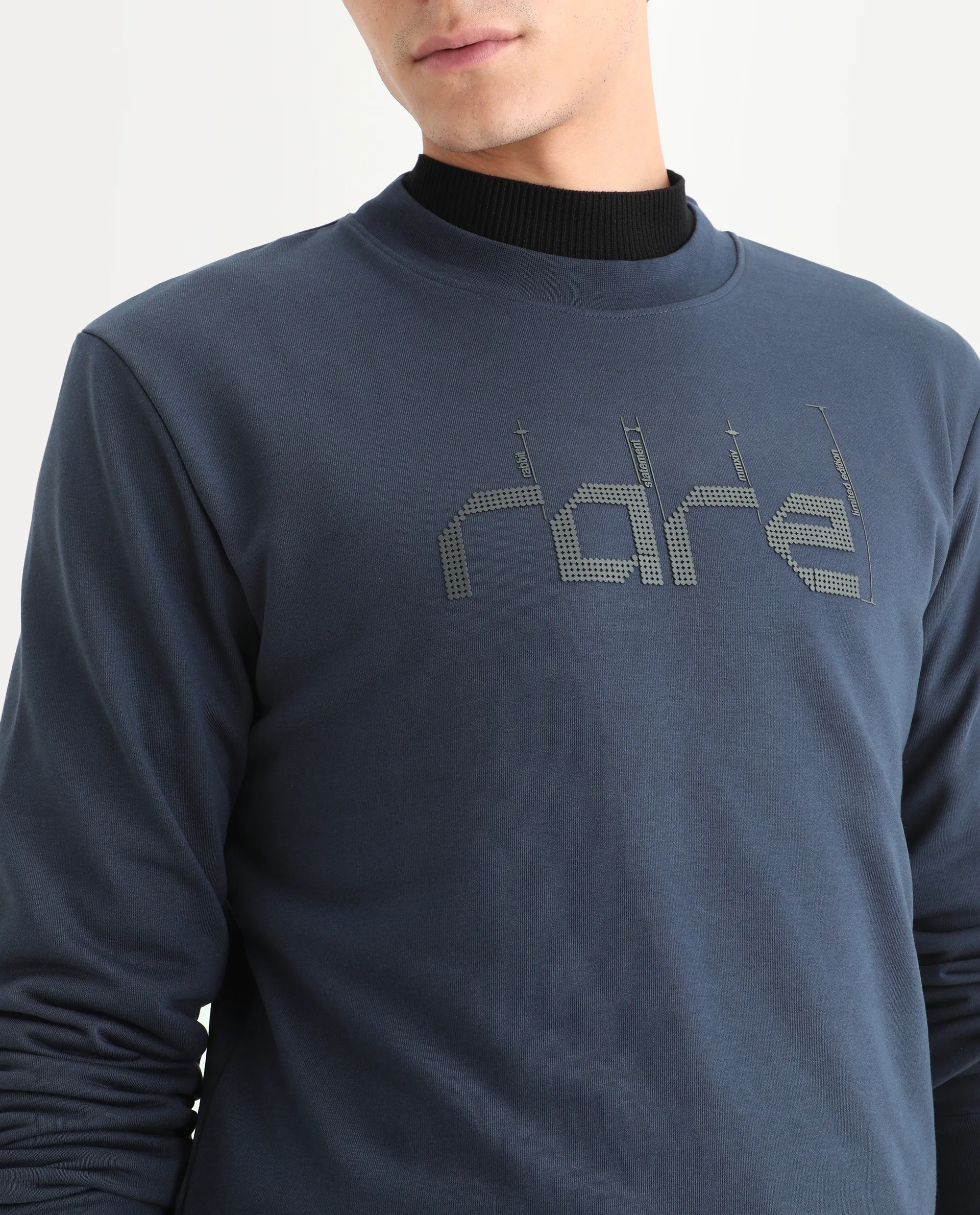 Rare Rabbit Men's Emry Navy Cotton Blend Graphic Print Regular Fit Full Sleeve Crew Neck Sweatshirt - Image 3