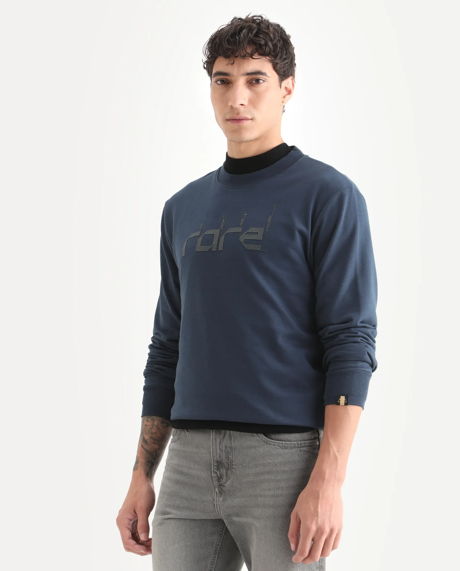Rare Rabbit Men's Emry Navy Cotton Blend Graphic Print Regular Fit Full Sleeve Crew Neck Sweatshirt - Image 4