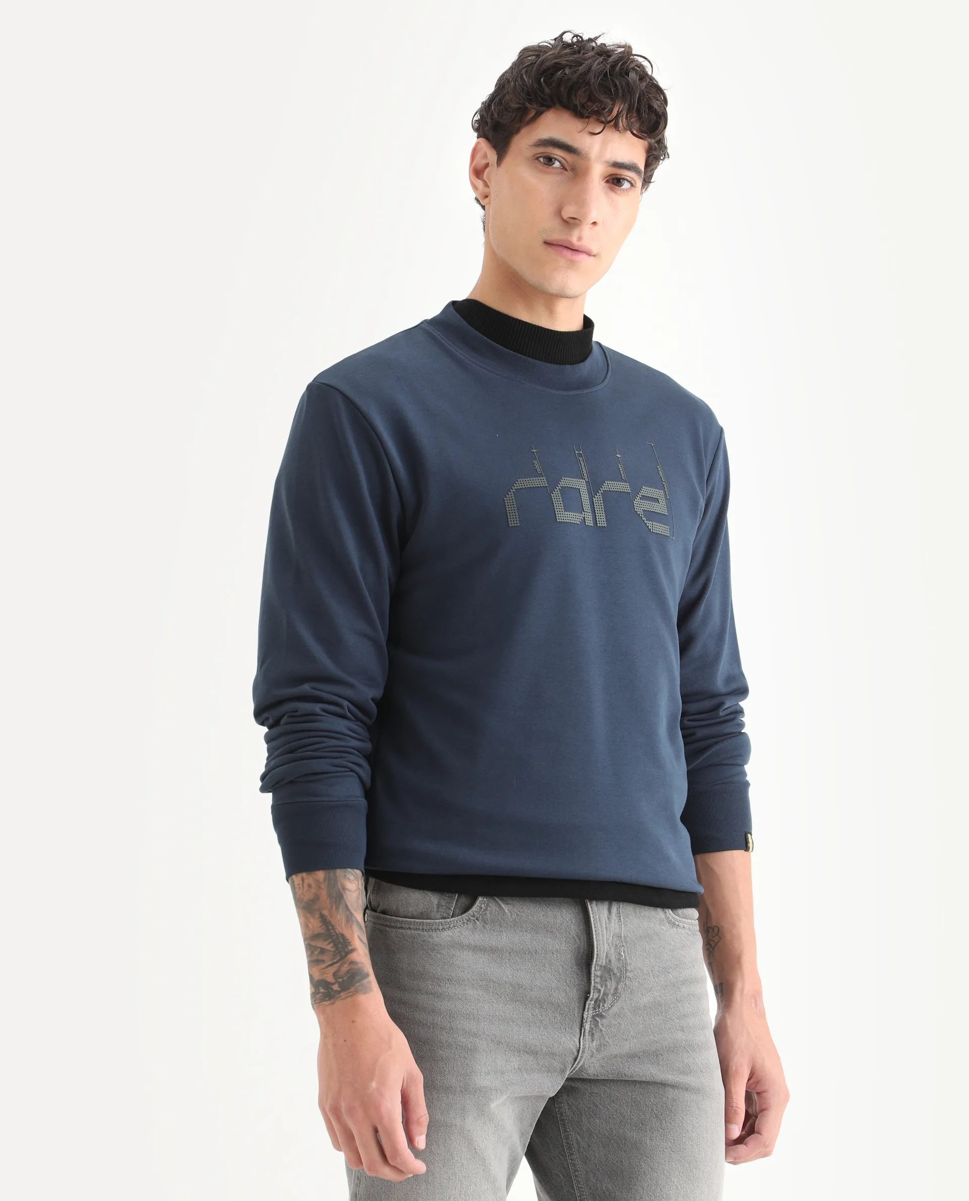 Rare Rabbit Men's Emry Navy Cotton Blend Graphic Print Regular Fit Full Sleeve Crew Neck Sweatshirt - Image 5