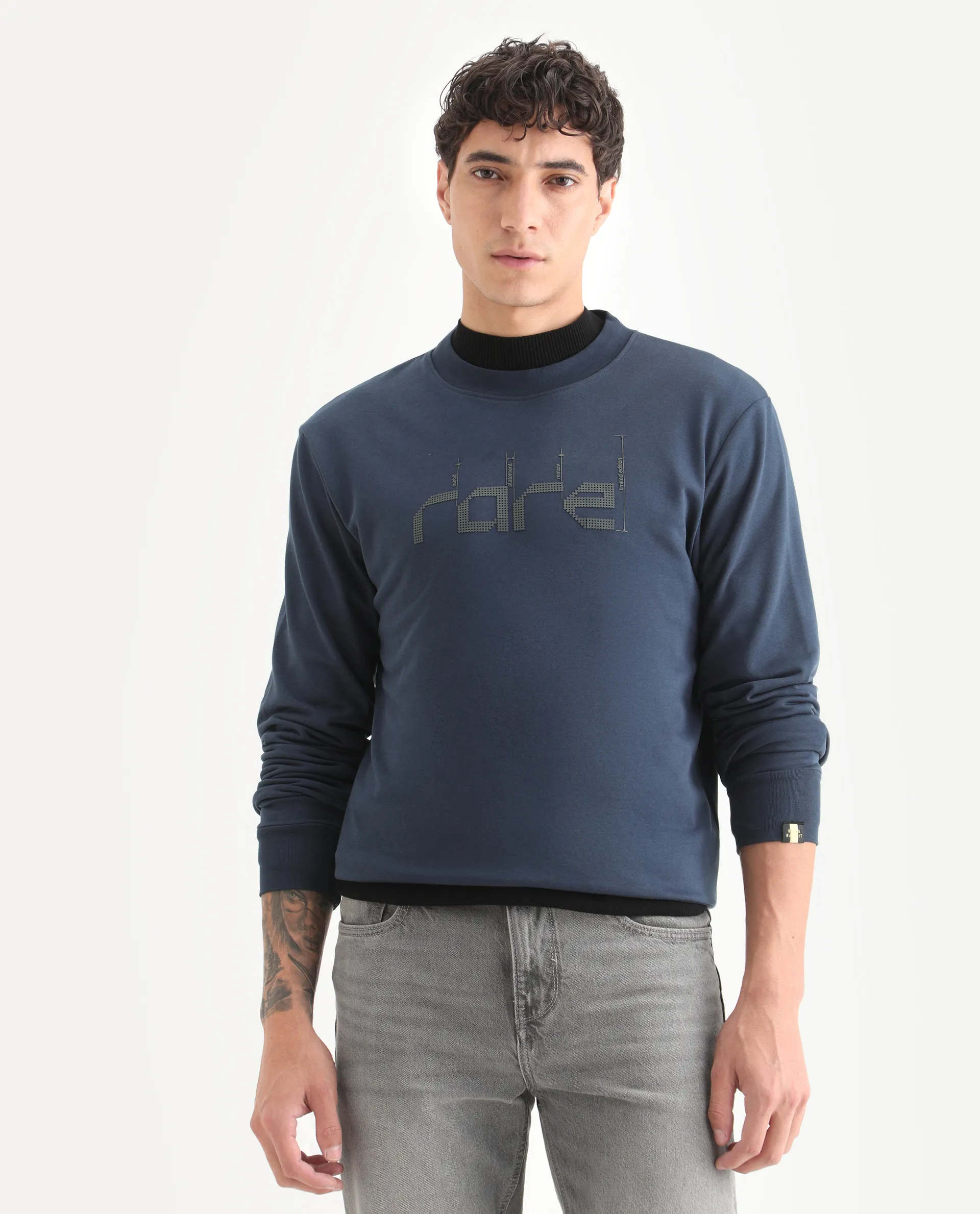 Rare Rabbit Men's Emry Navy Cotton Blend Graphic Print Regular Fit Full Sleeve Crew Neck Sweatshirt - Image 6