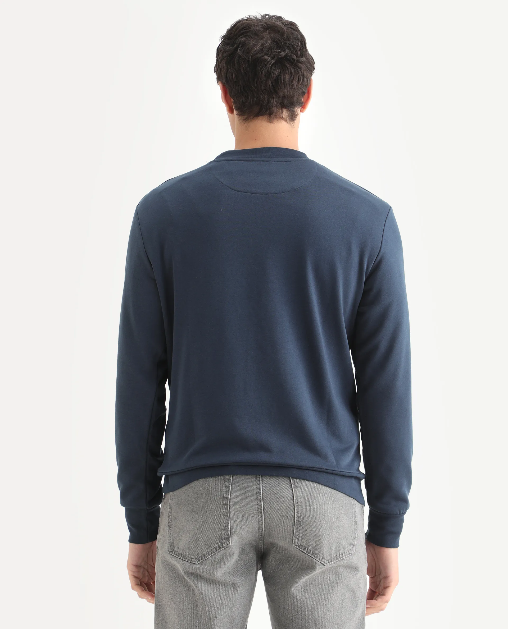 Rare Rabbit Men's Emry Navy Cotton Blend Graphic Print Regular Fit Full Sleeve Crew Neck Sweatshirt - Image 7
