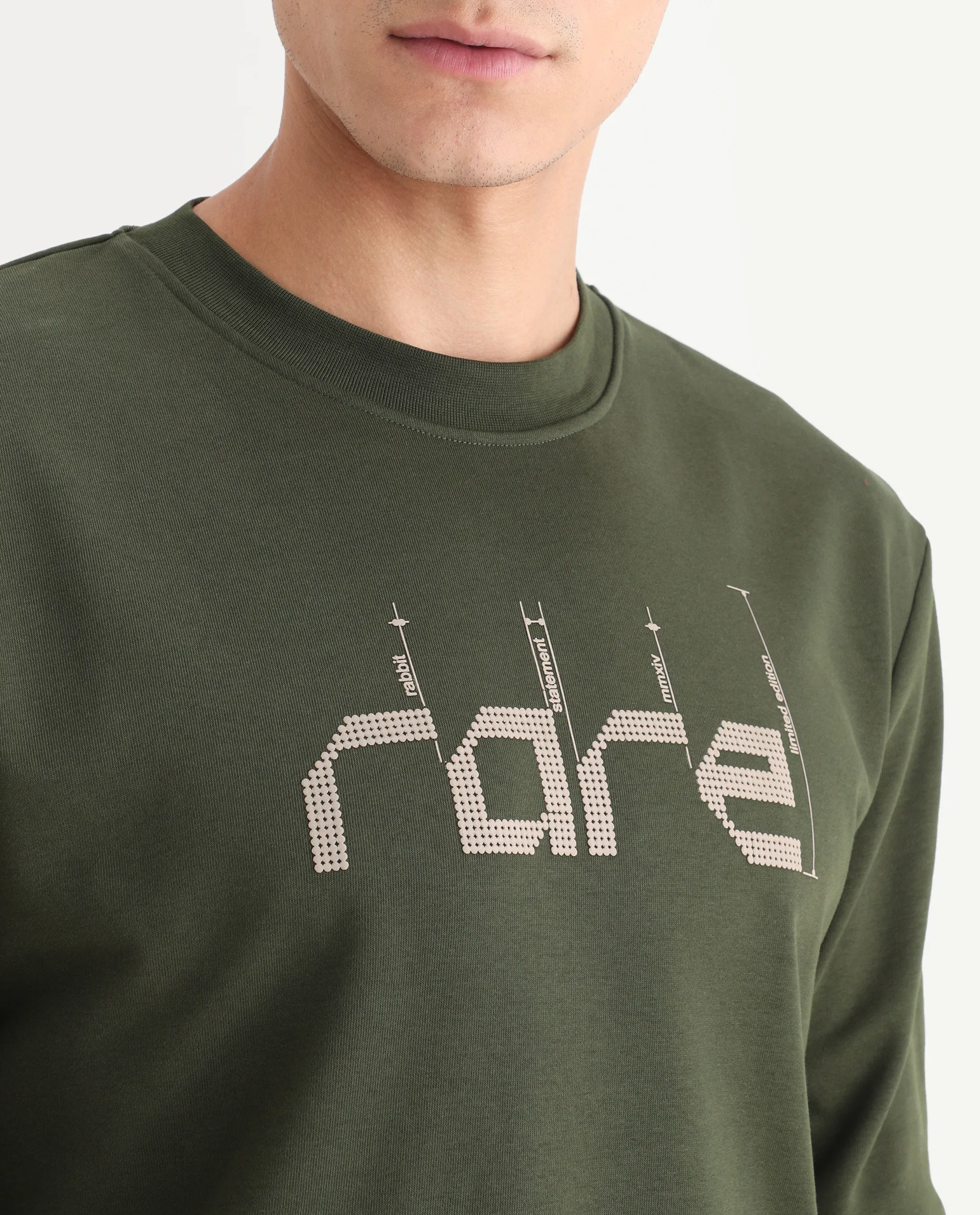 Rare Rabbit Men's Emry Olive Cotton Blend Graphic Print Regular Fit Full Sleeve Crew Neck Sweatshirt - Image 3