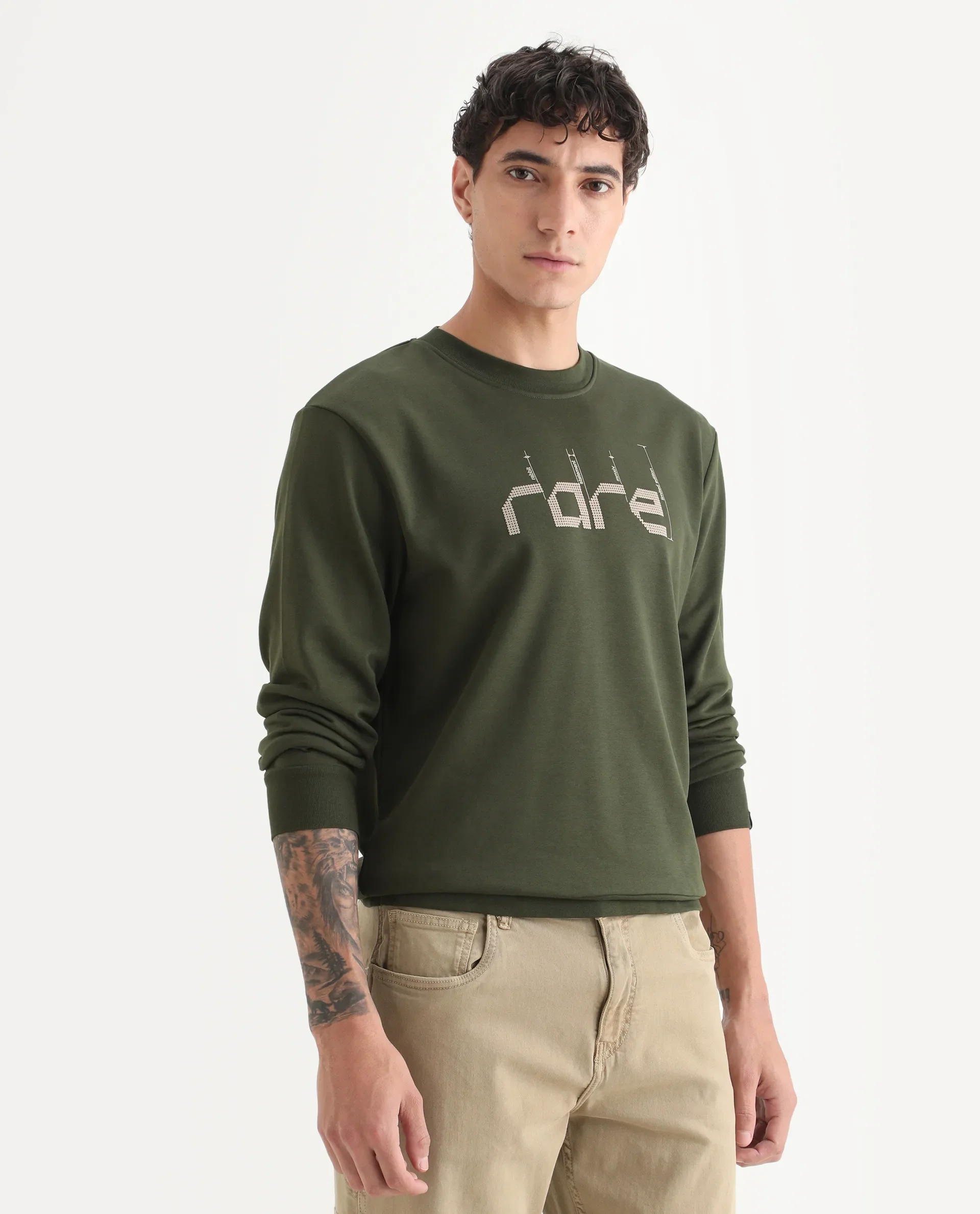 Rare Rabbit Men's Emry Olive Cotton Blend Graphic Print Regular Fit Full Sleeve Crew Neck Sweatshirt - Image 4