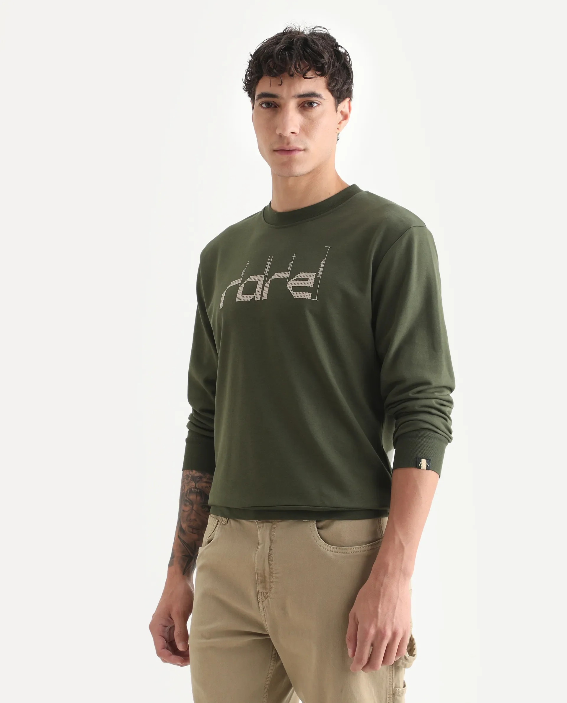 Rare Rabbit Men's Emry Olive Cotton Blend Graphic Print Regular Fit Full Sleeve Crew Neck Sweatshirt - Image 5
