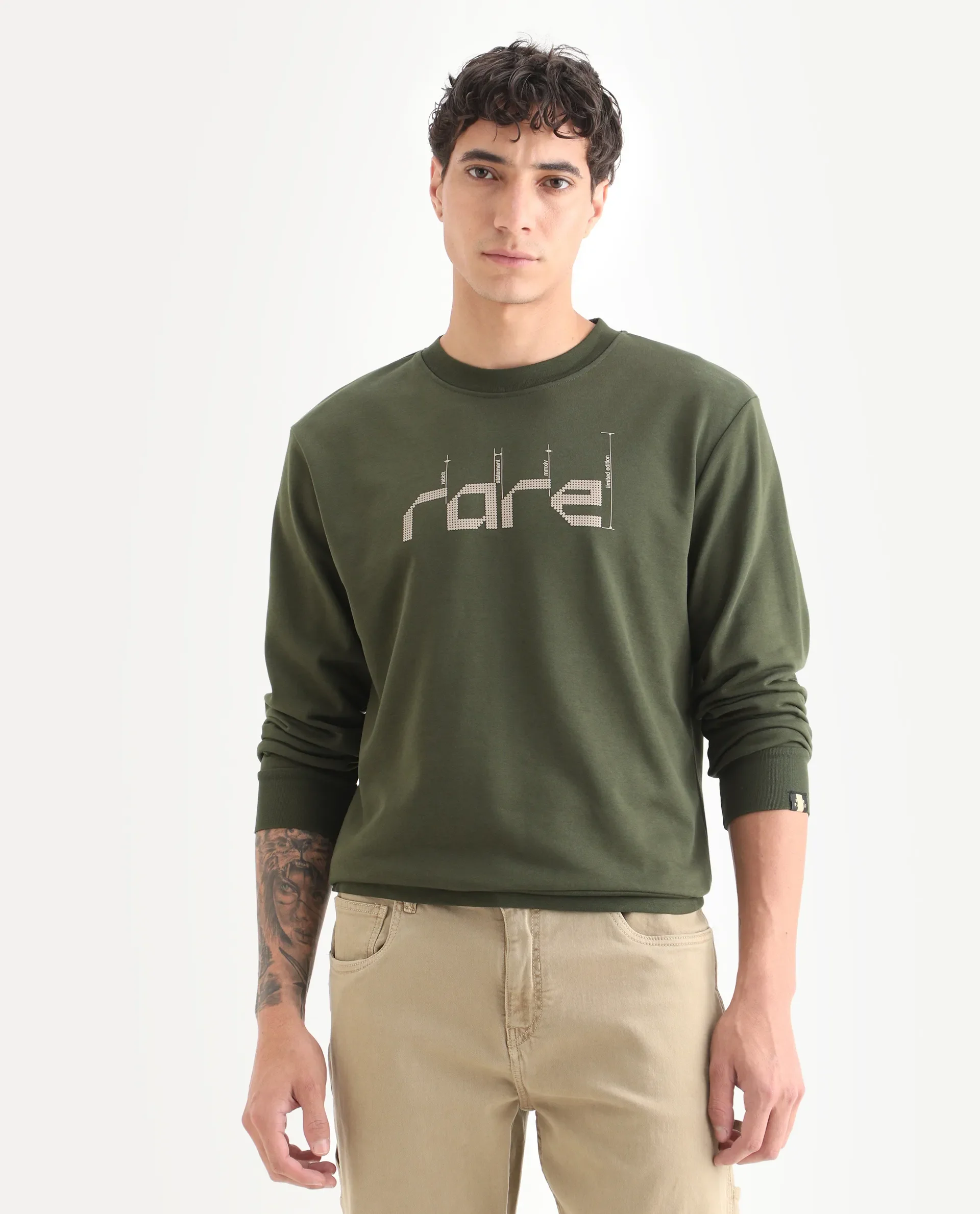 Rare Rabbit Men's Emry Olive Cotton Blend Graphic Print Regular Fit Full Sleeve Crew Neck Sweatshirt - Image 6