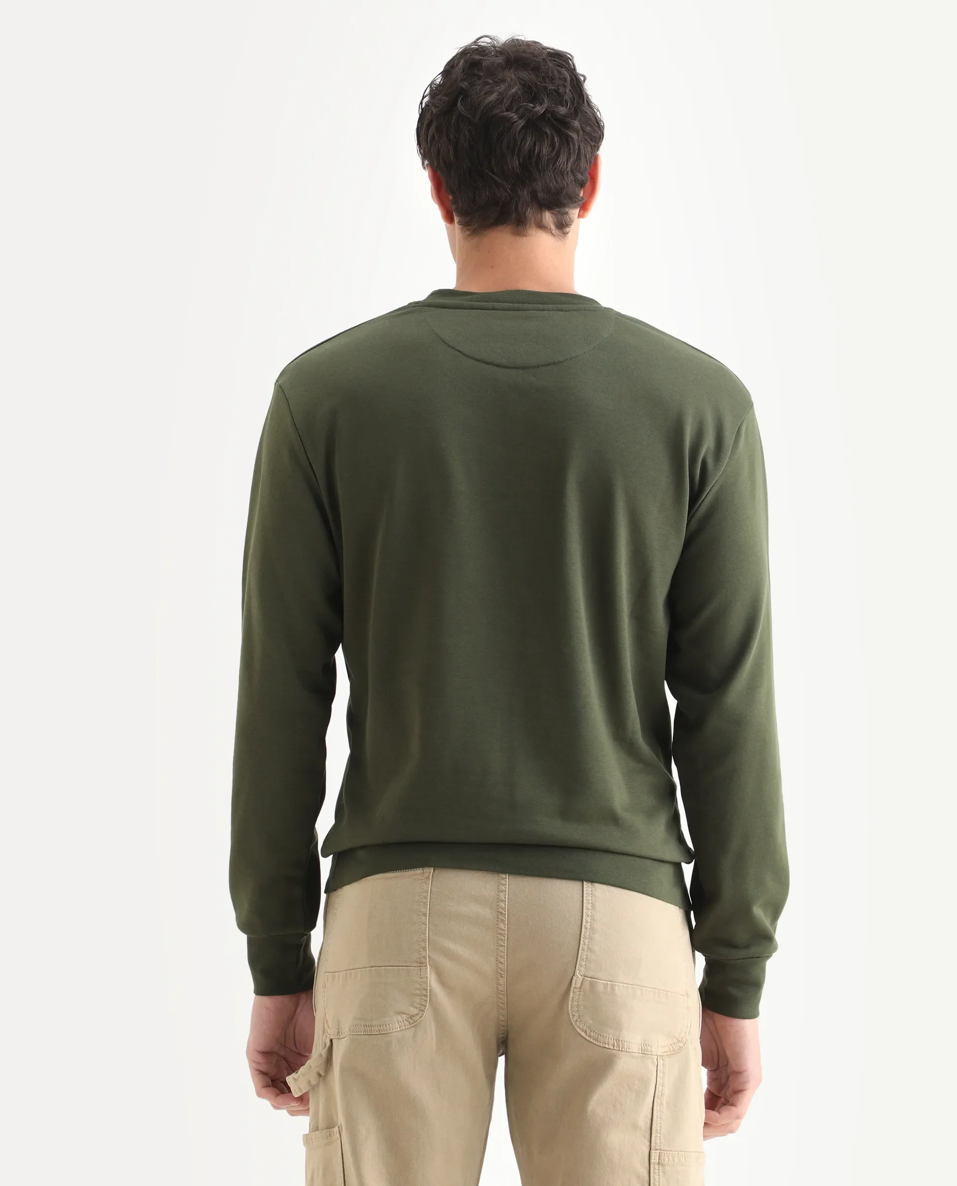 Rare Rabbit Men's Emry Olive Cotton Blend Graphic Print Regular Fit Full Sleeve Crew Neck Sweatshirt - Image 7