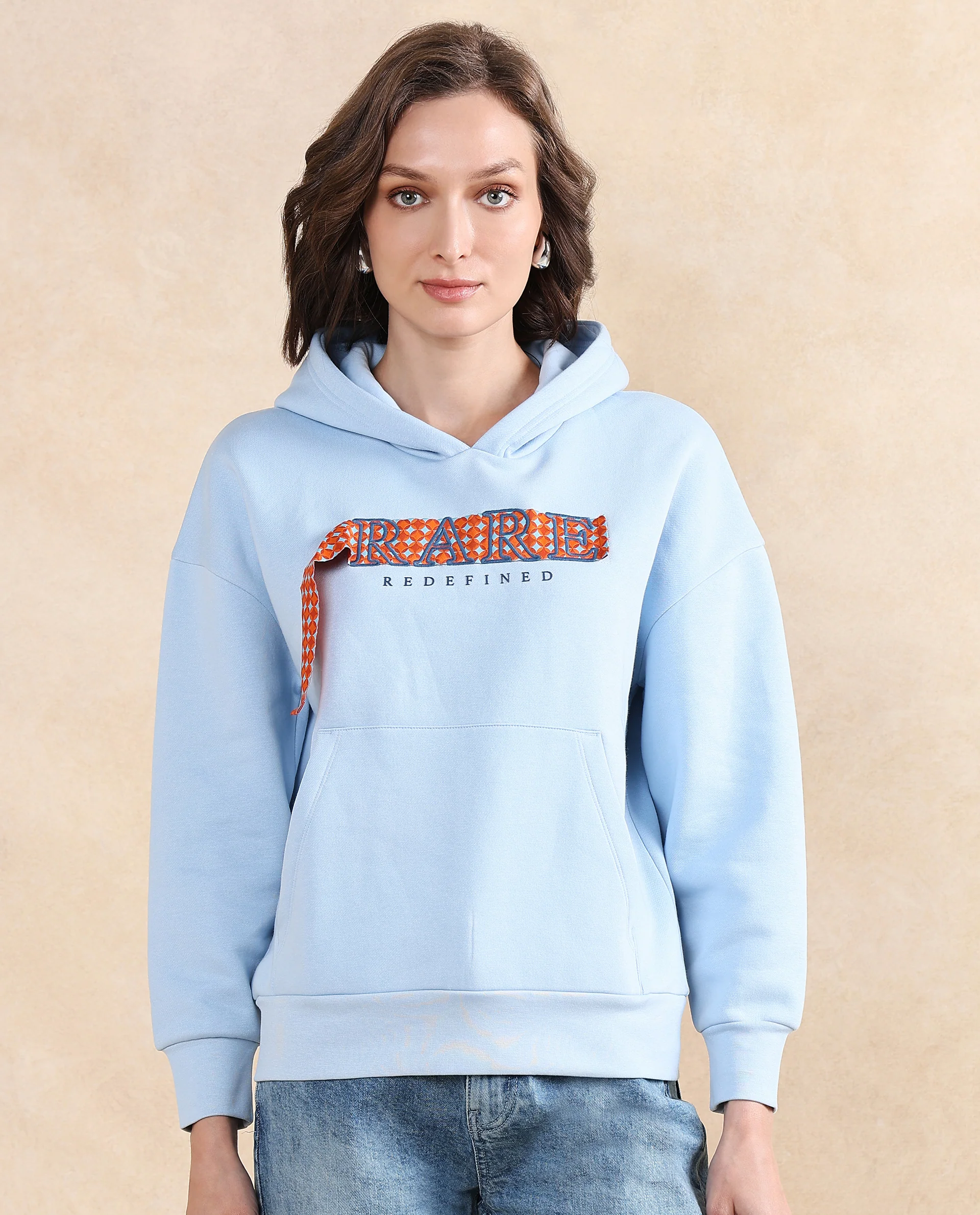 Rareism Women's Emtap Light Blue Cotton Blend Hooded Graphic Print Relaxed Fit Sweatshirt - Image 2