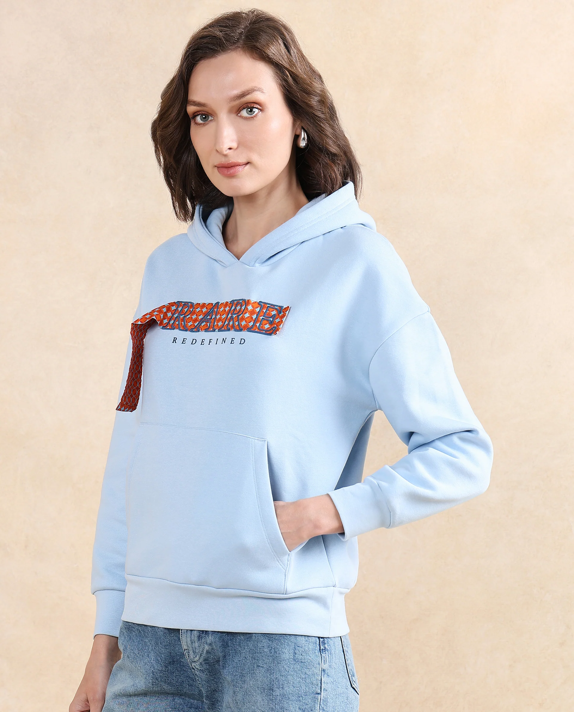 Rareism Women's Emtap Light Blue Cotton Blend Hooded Graphic Print Relaxed Fit Sweatshirt - Image 4
