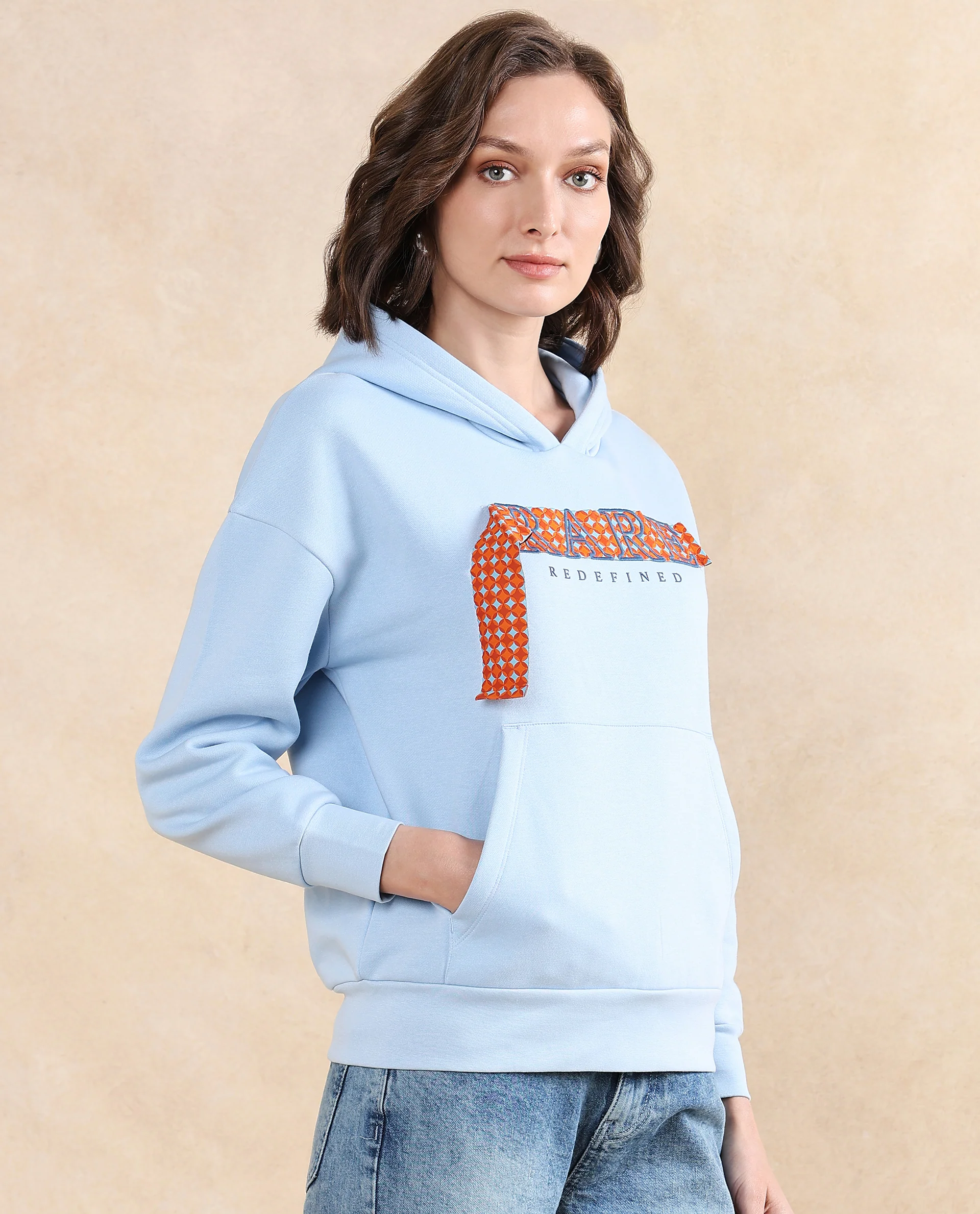Rareism Women's Emtap Light Blue Cotton Blend Hooded Graphic Print Relaxed Fit Sweatshirt - Image 5