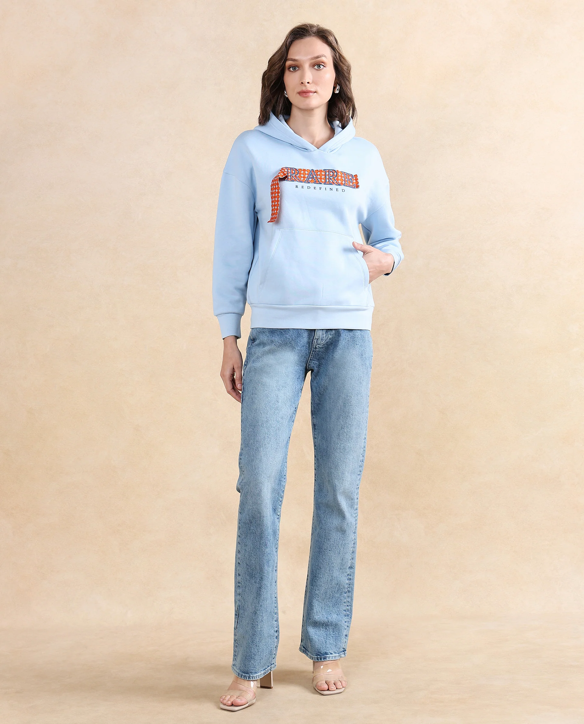 Rareism Women's Emtap Light Blue Cotton Blend Hooded Graphic Print Relaxed Fit Sweatshirt - Image 7