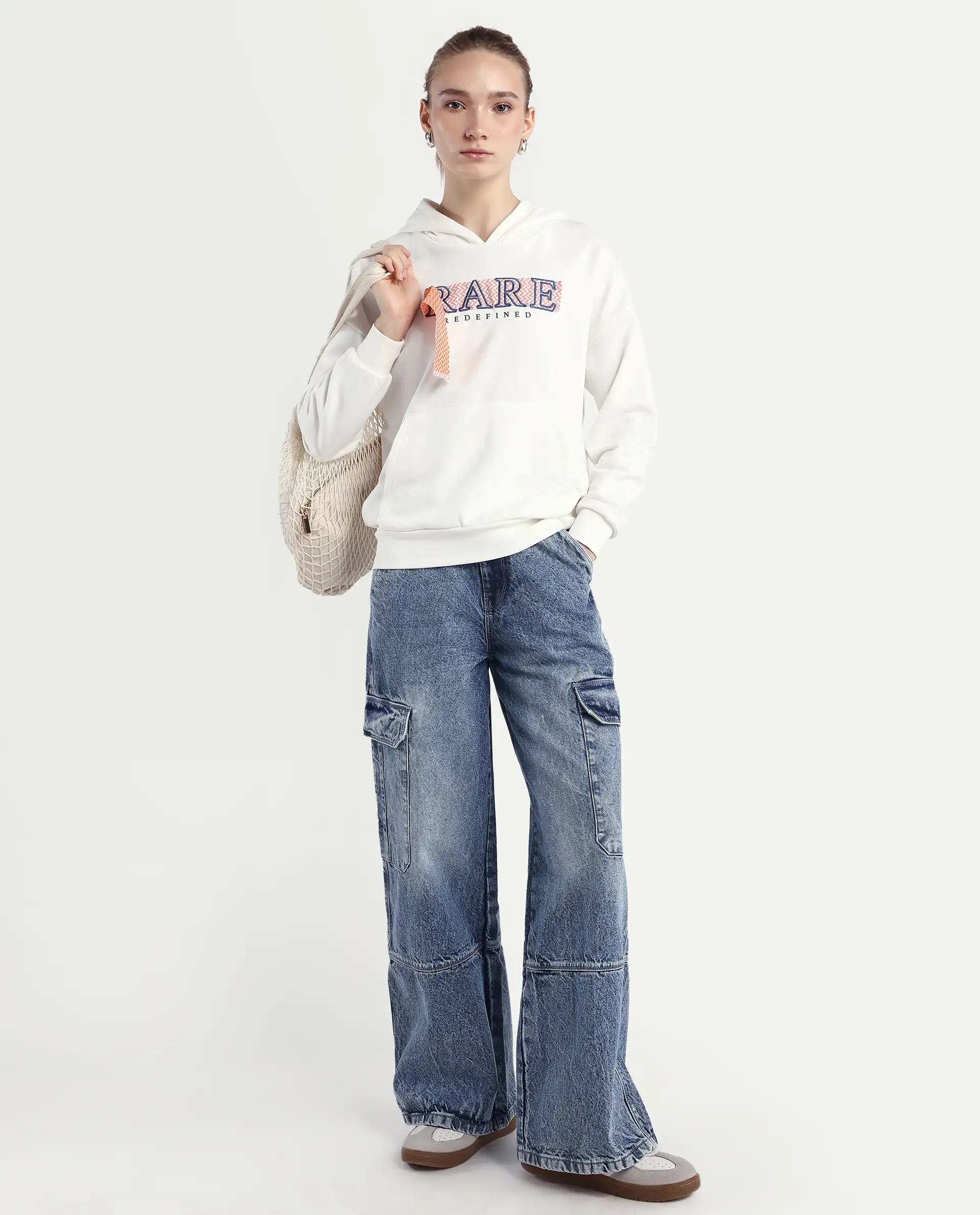 Rareism Women's Emtap Off White Cotton Blend Hooded Graphic Print Relaxed Fit Sweatshirt - Image 2