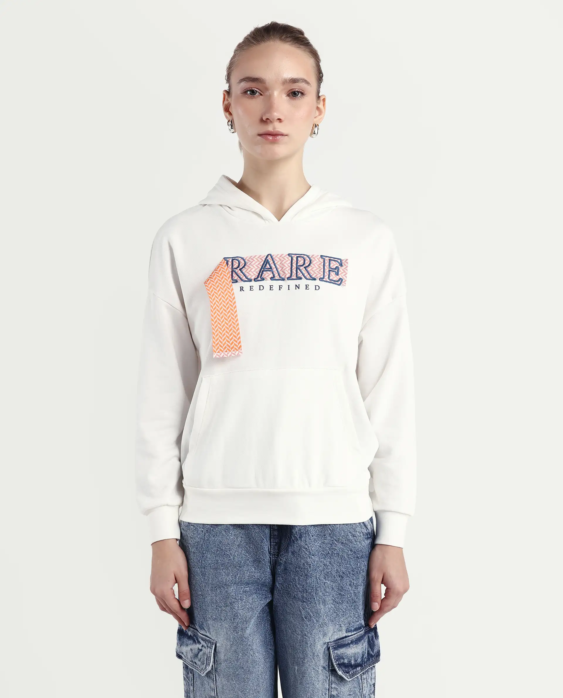 Rareism Women's Emtap Off White Cotton Blend Hooded Graphic Print Relaxed Fit Sweatshirt - Image 4