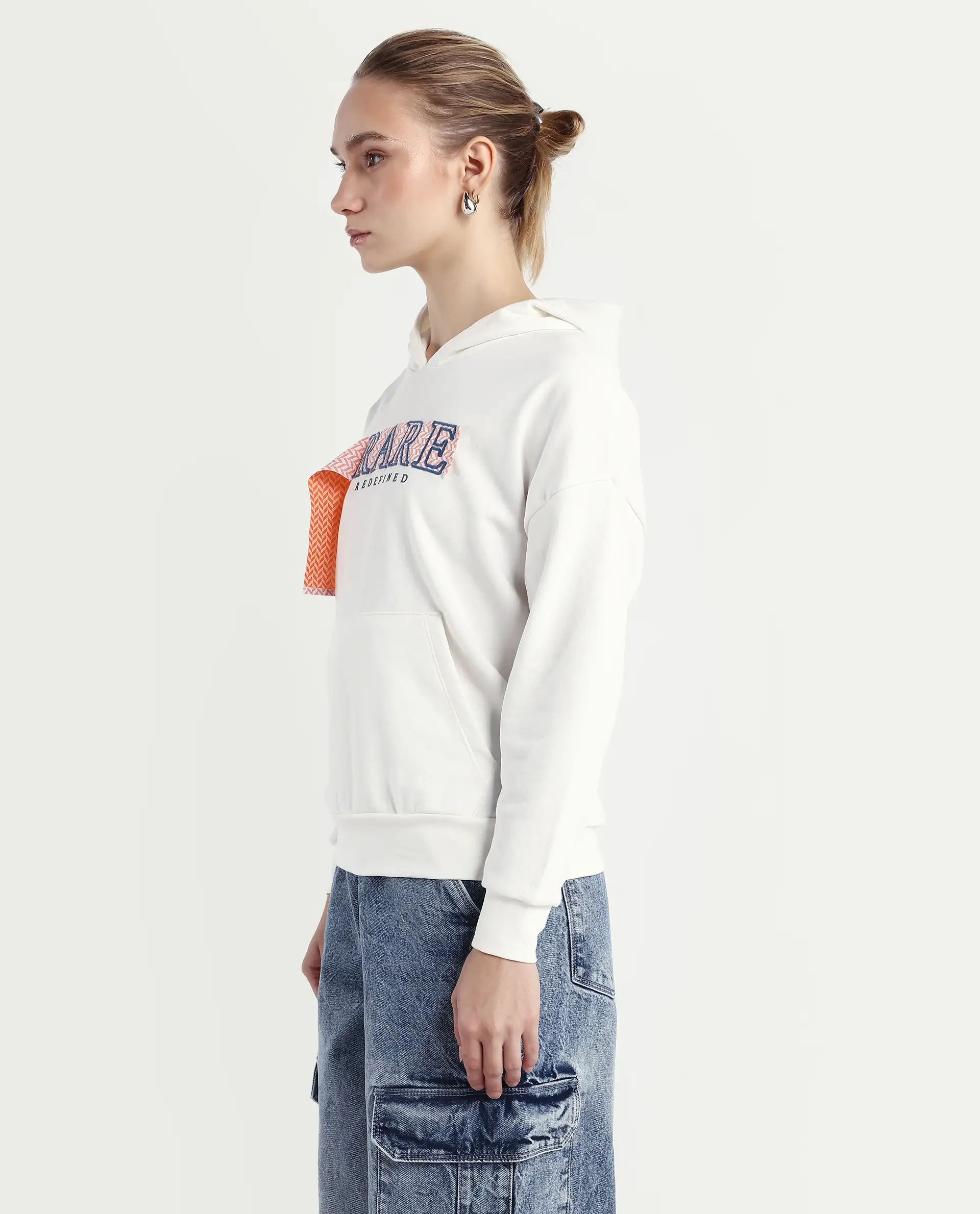 Rareism Women's Emtap Off White Cotton Blend Hooded Graphic Print Relaxed Fit Sweatshirt - Image 5