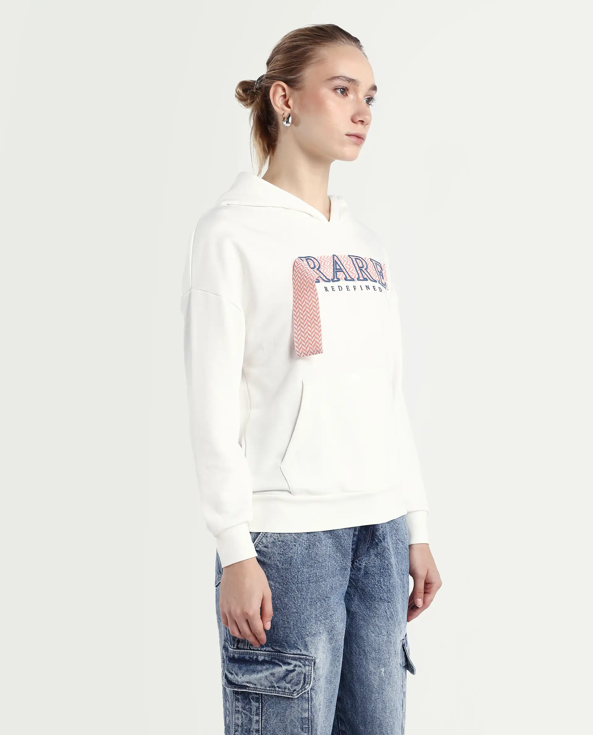 Rareism Women's Emtap Off White Cotton Blend Hooded Graphic Print Relaxed Fit Sweatshirt - Image 6