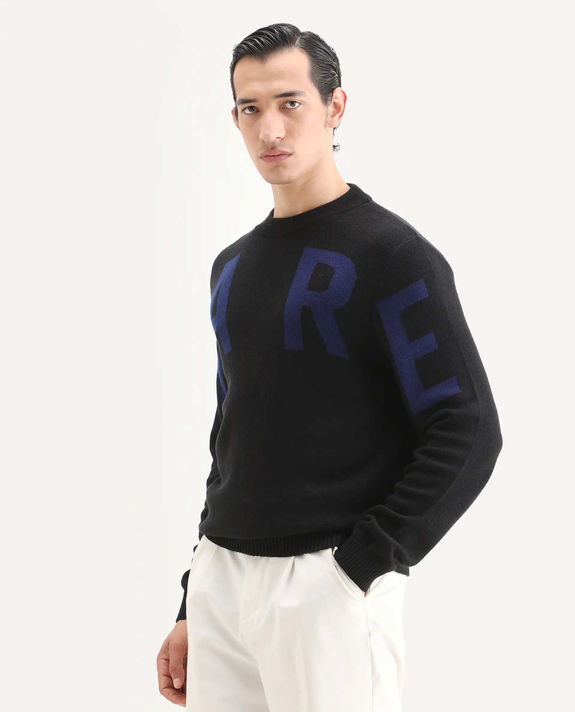 Rare Rabbit Men's Emyr Black Acrylic Monogram Print Regular Fit Full Sleeve Crew Neck Sweater - Image 3