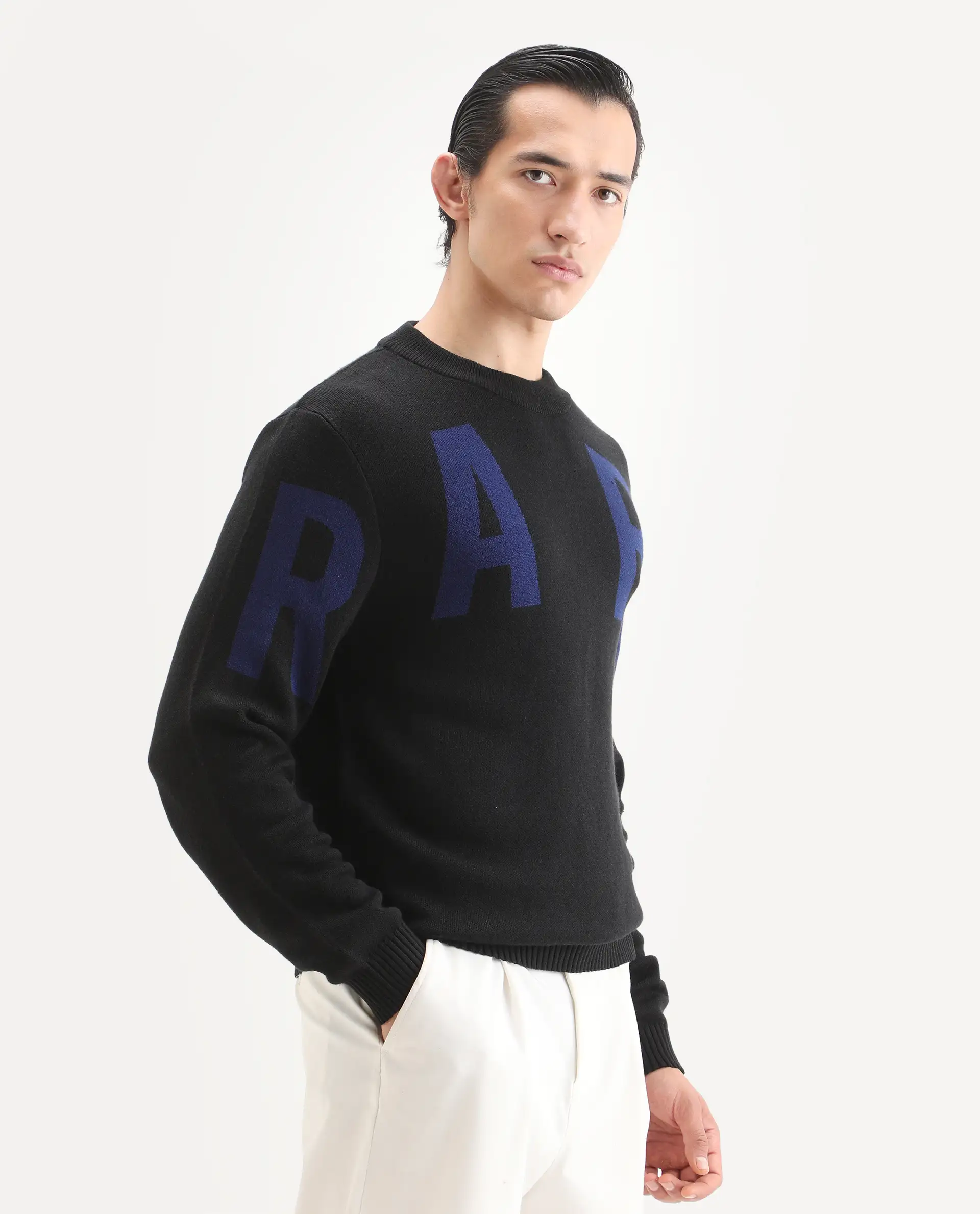 Rare Rabbit Men's Emyr Black Acrylic Monogram Print Regular Fit Full Sleeve Crew Neck Sweater - Image 4