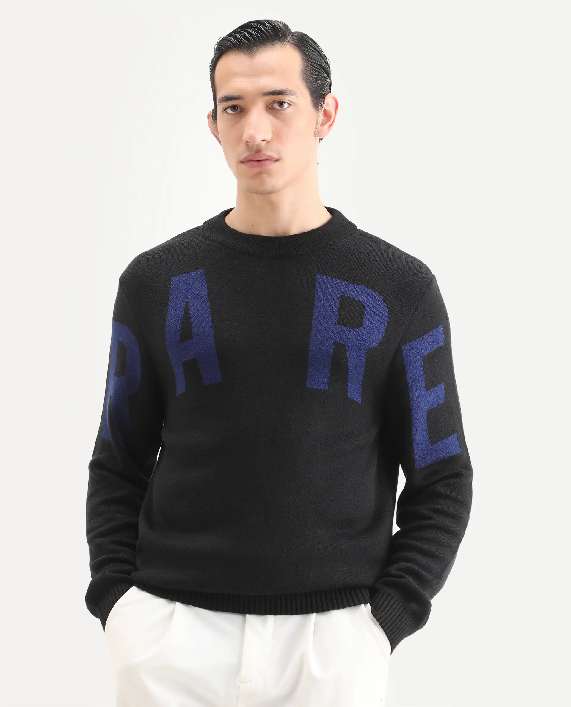 Rare Rabbit Men's Emyr Black Acrylic Monogram Print Regular Fit Full Sleeve Crew Neck Sweater - Image 5