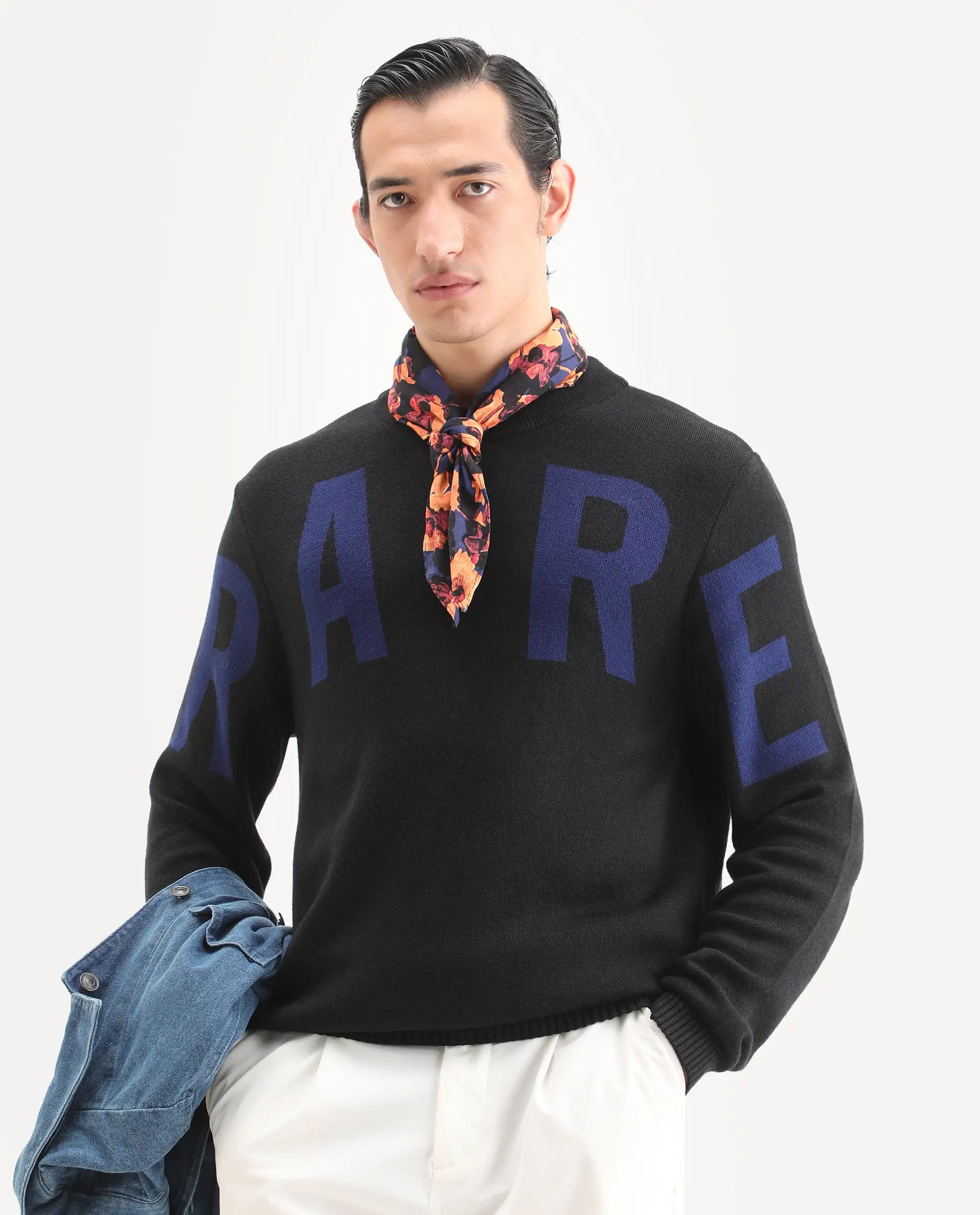 Rare Rabbit Men's Emyr Black Acrylic Monogram Print Regular Fit Full Sleeve Crew Neck Sweater - Image 6