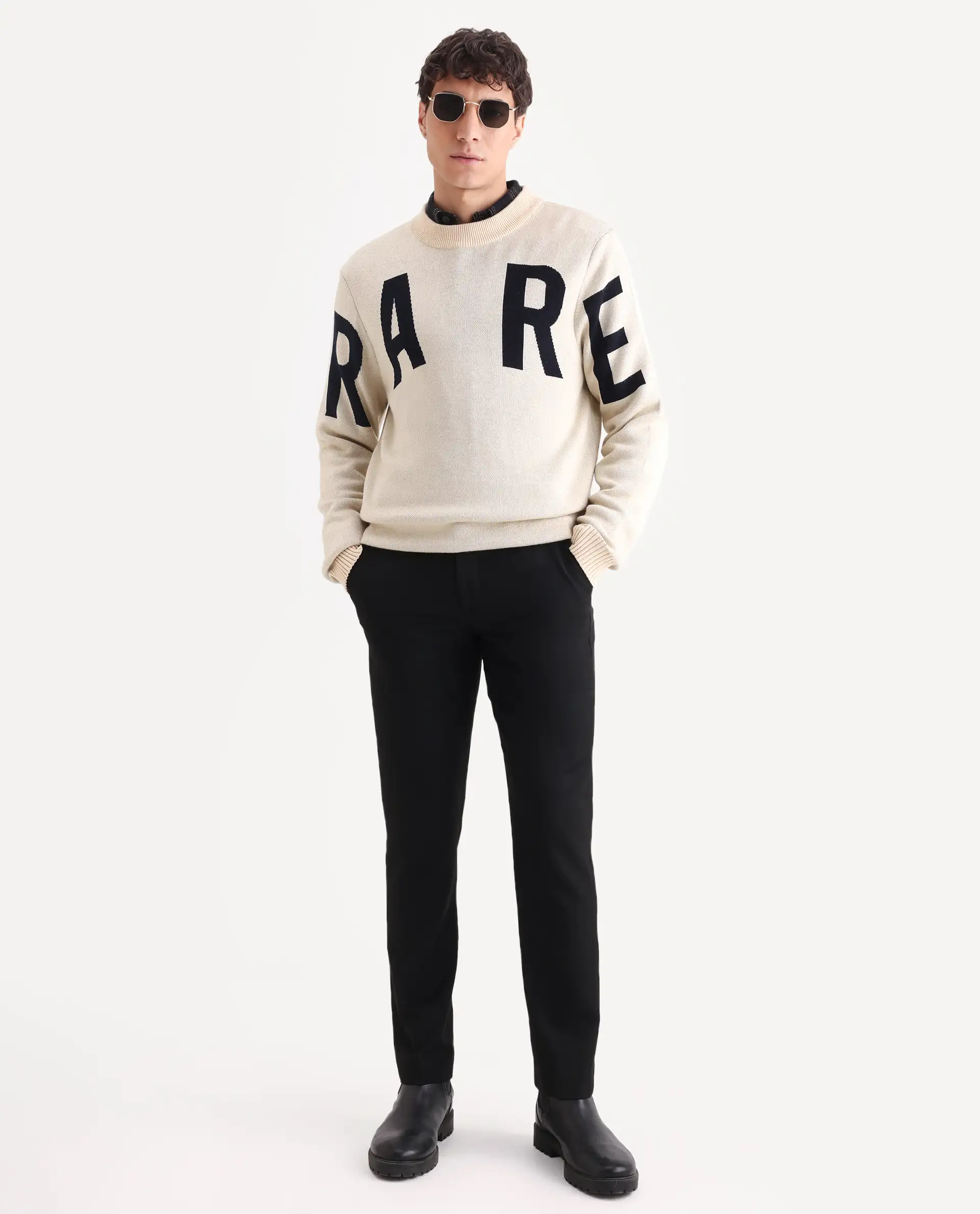Rare Rabbit Men's Emyr Off White Acrylic Monogram Print Regular Fit Full Sleeve Crew Neck Sweater - Image 2