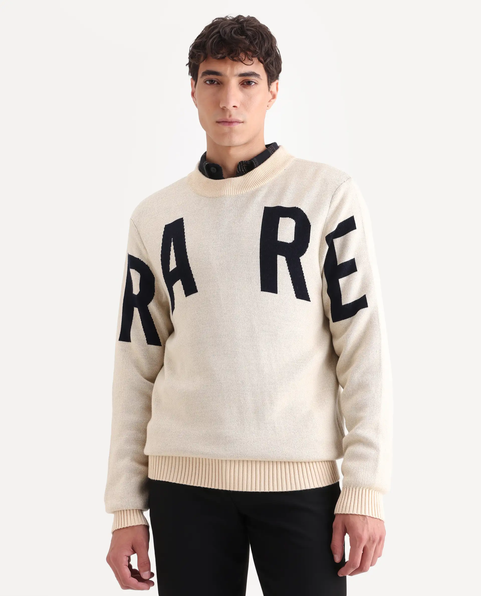 Rare Rabbit Men's Emyr Off White Acrylic Monogram Print Regular Fit Full Sleeve Crew Neck Sweater - Image 3