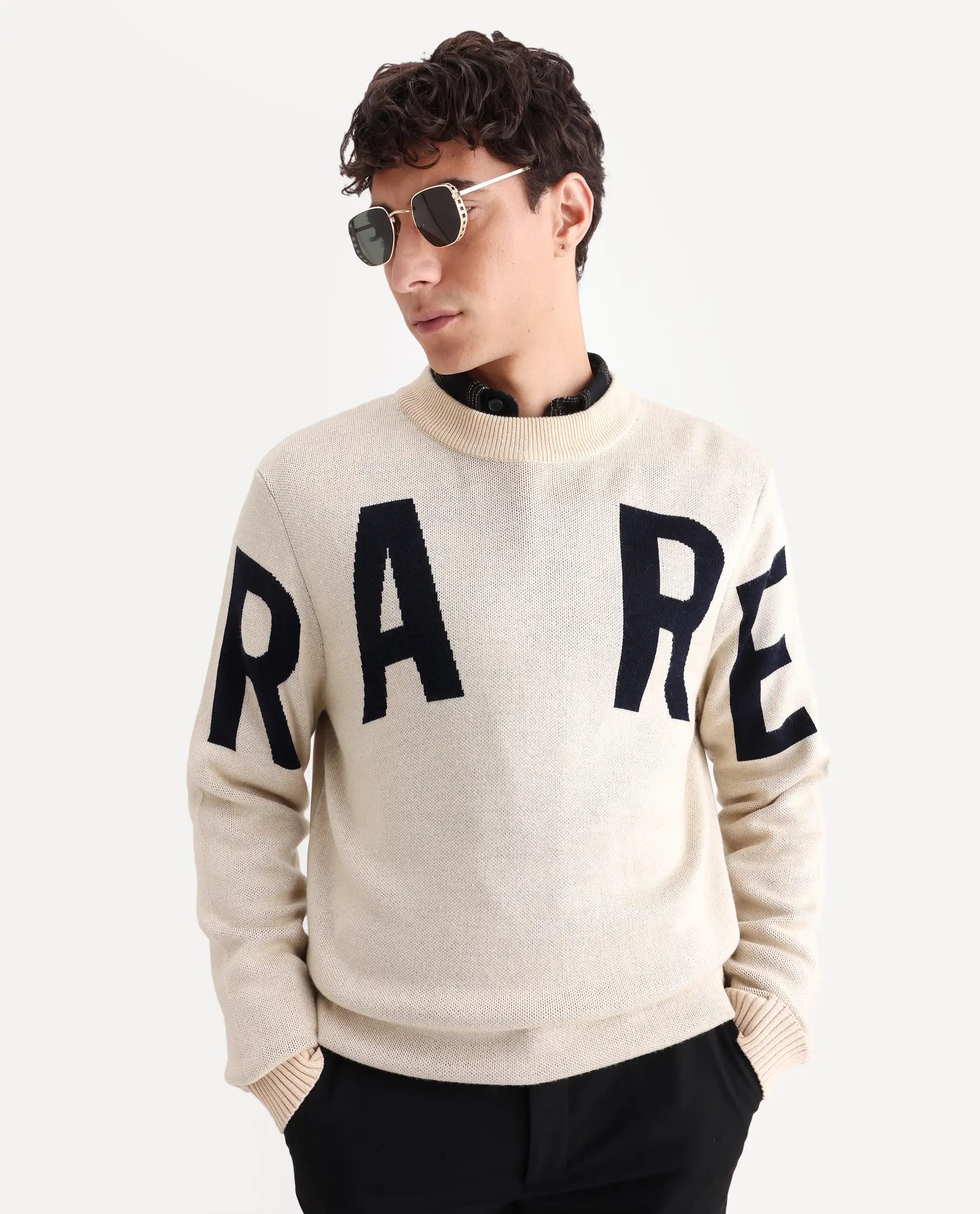 Rare Rabbit Men's Emyr Off White Acrylic Monogram Print Regular Fit Full Sleeve Crew Neck Sweater - Image 4