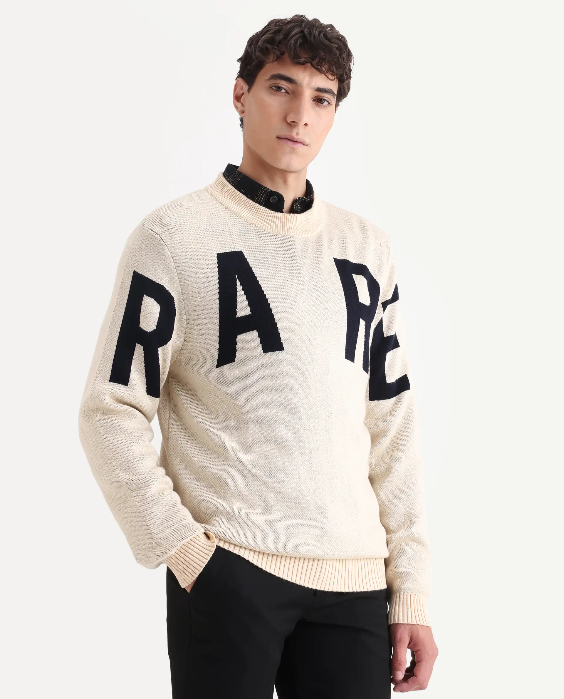 Rare Rabbit Men's Emyr Off White Acrylic Monogram Print Regular Fit Full Sleeve Crew Neck Sweater - Image 5