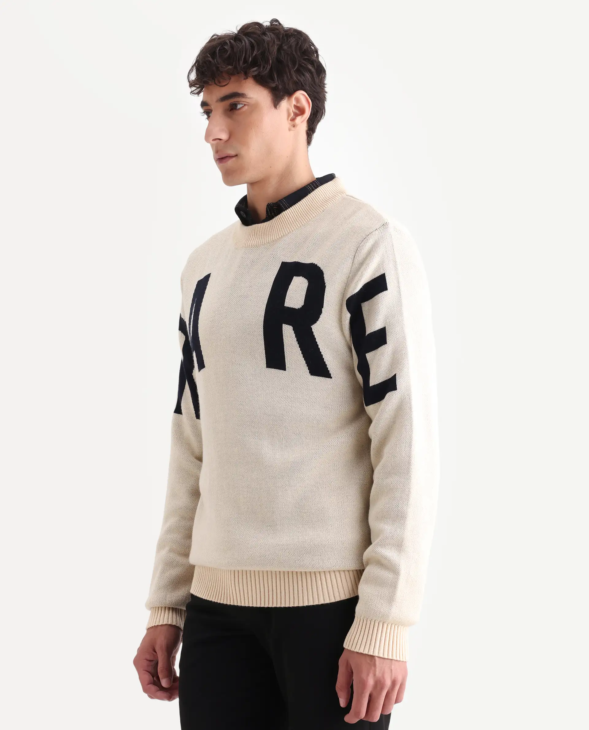 Rare Rabbit Men's Emyr Off White Acrylic Monogram Print Regular Fit Full Sleeve Crew Neck Sweater - Image 6