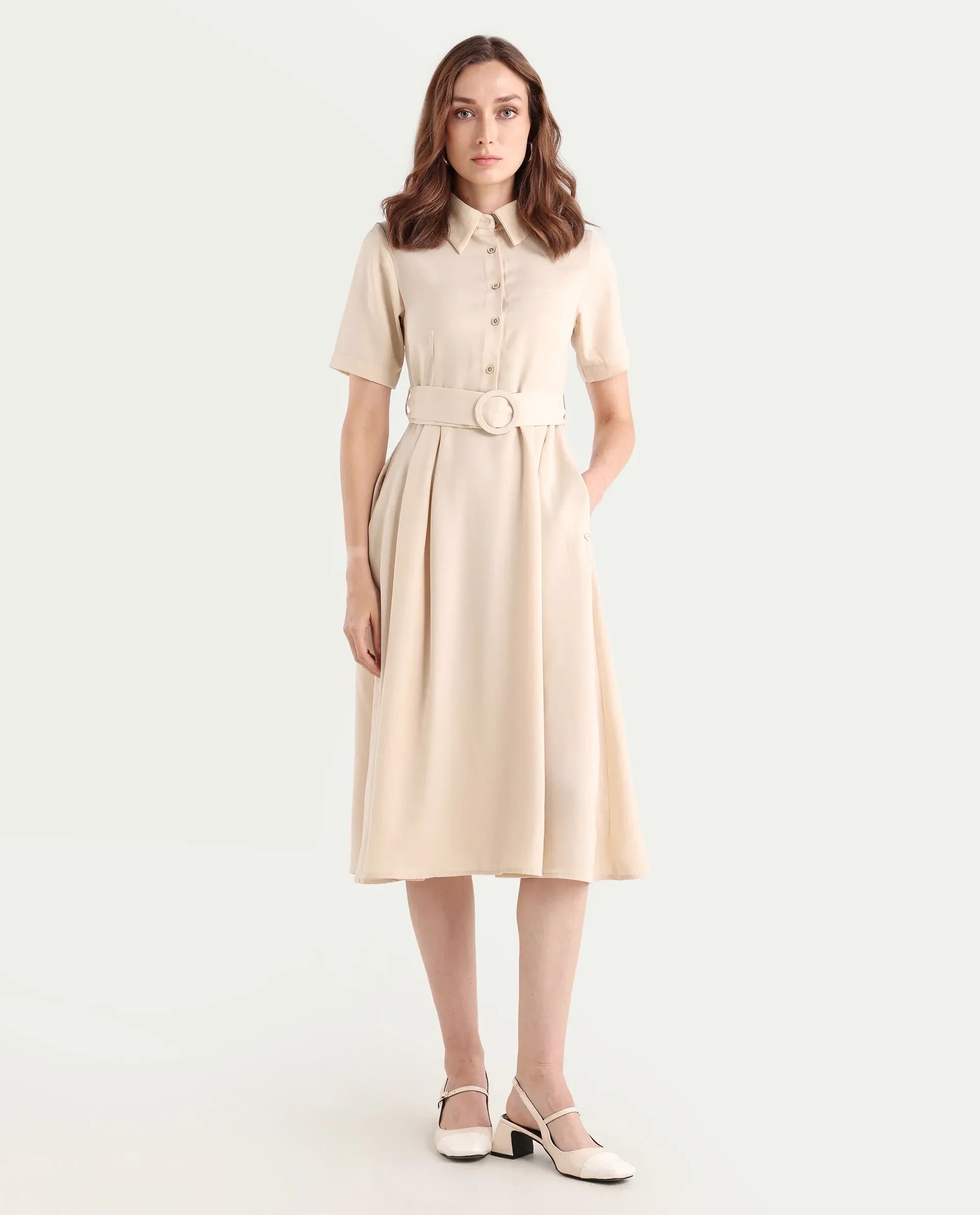 Rareism Women's Enbarry Off White Satin Drop Collar Plain Boxy Sleeve Midi Fit And Flare Dress - Image 3