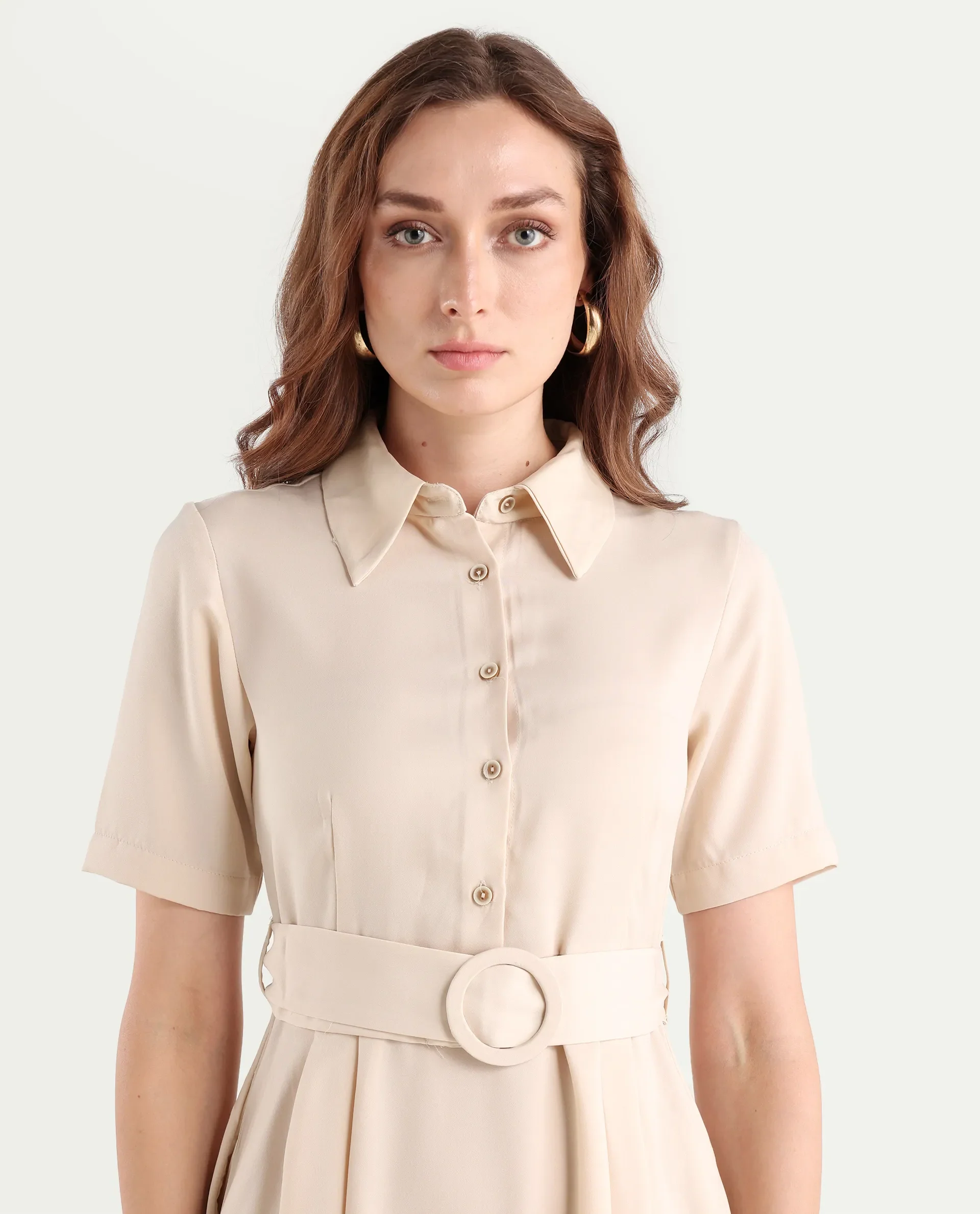 Rareism Women's Enbarry Off White Satin Drop Collar Plain Boxy Sleeve Midi Fit And Flare Dress - Image 4